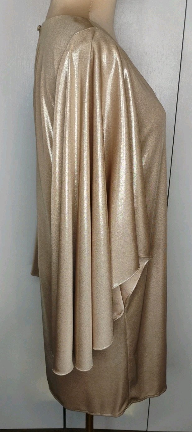 Halston Heritage gold metallic Shift dress Cape Style Sleeve Sz 4