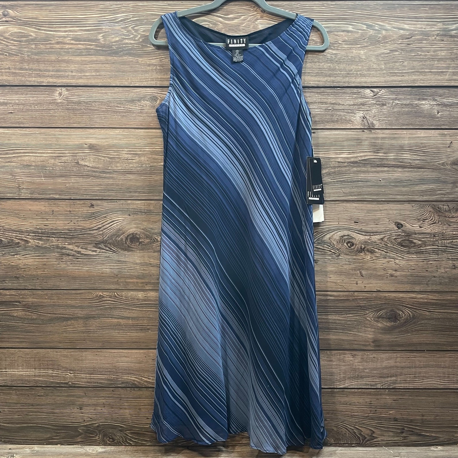 Finity Dress Blue 100% Silk Sleeveless Lined Stripe SZ 12 C101942