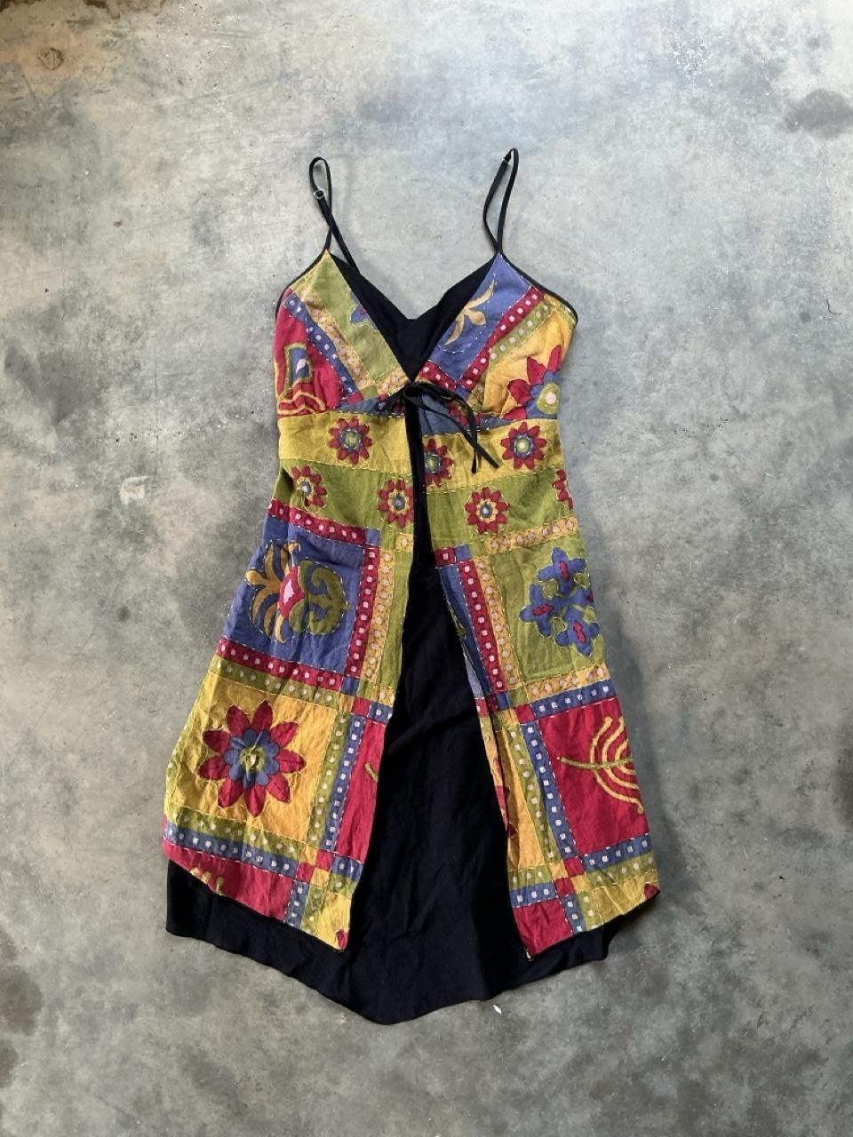Y2K Patchwork Boho Tie Front Midi Dress