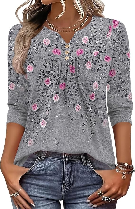 Womens Henley V Neck Blouse Loose Fit Tunics Dressy Casual Summer Top 2026 Trend