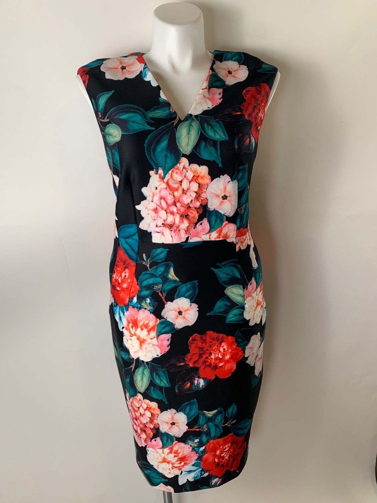 Calvin Klein Black Red Green Floral Scuba Stretch Sheath Dress 14 W Gorgeous!