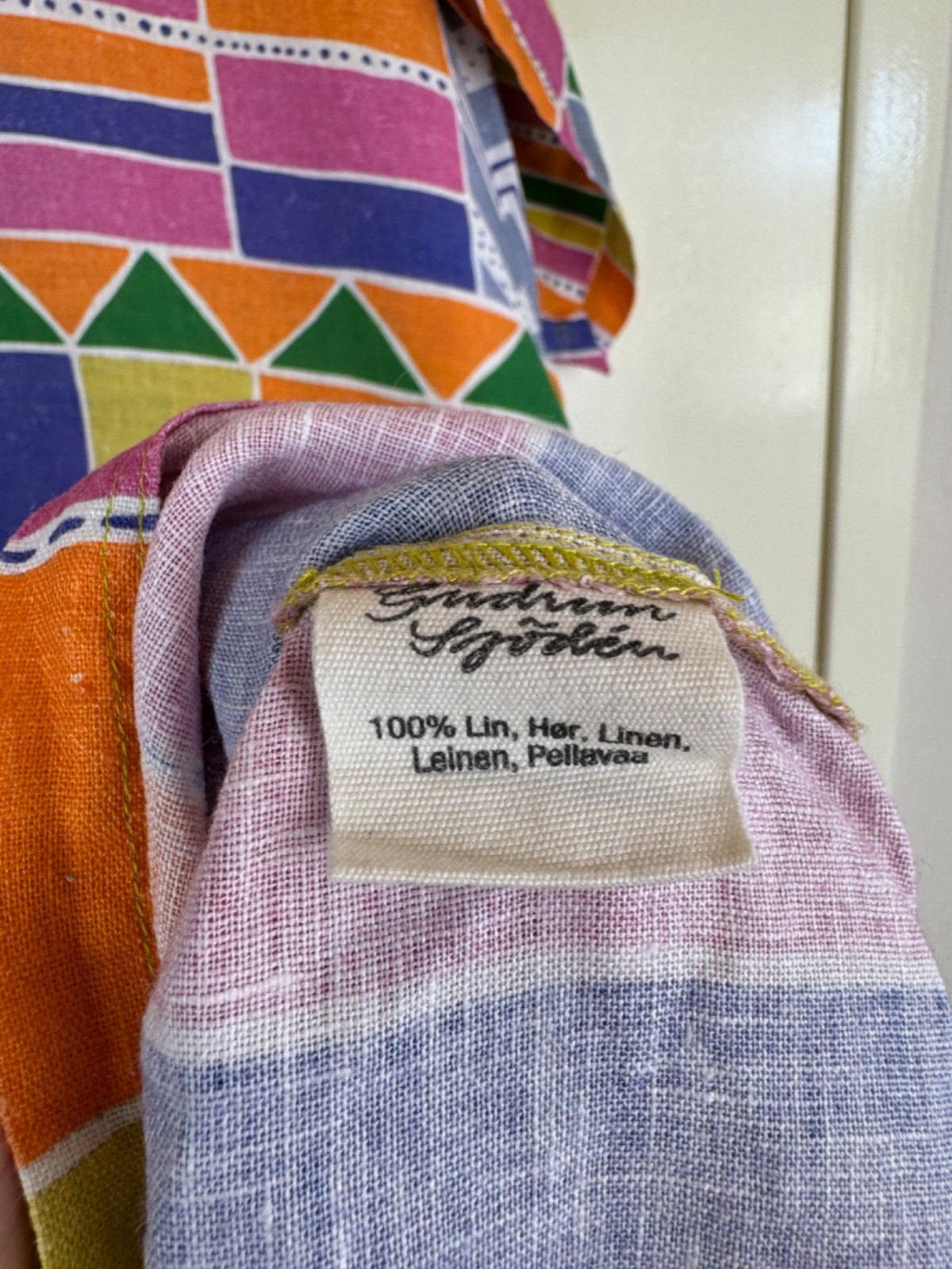 GUDRUN SJODEN Linen Multicolor Cheerful Dress Kaftan Ikat Geometric Sundress L