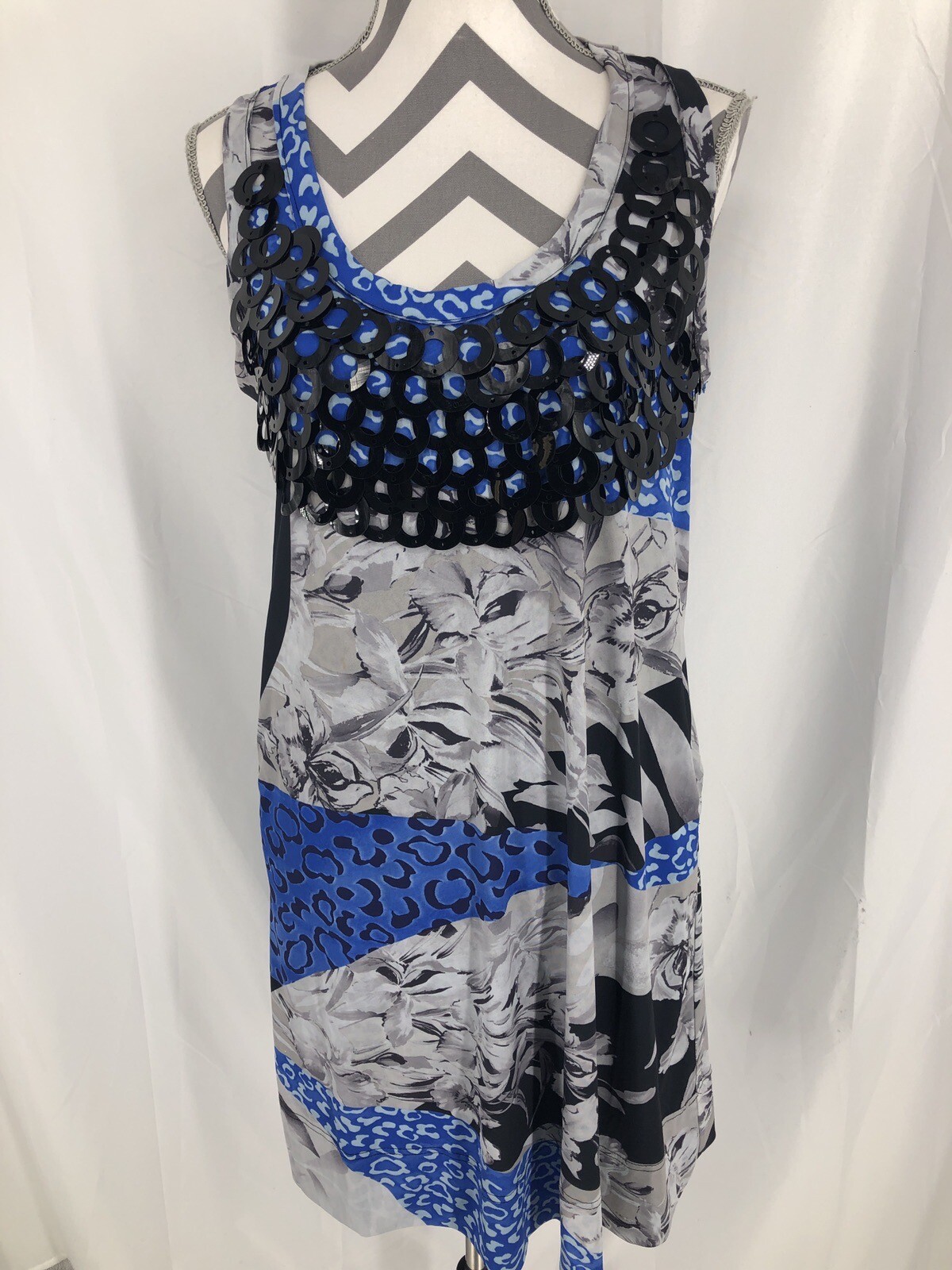 Argenti Blue Gray Black Sequin Rings Floral Animal Print Sleeveless Dress 8