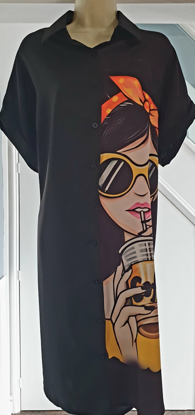 Cute Girl Portrait Print Oversized Dipped Hem Kaftan Cover-up Shirt Dress