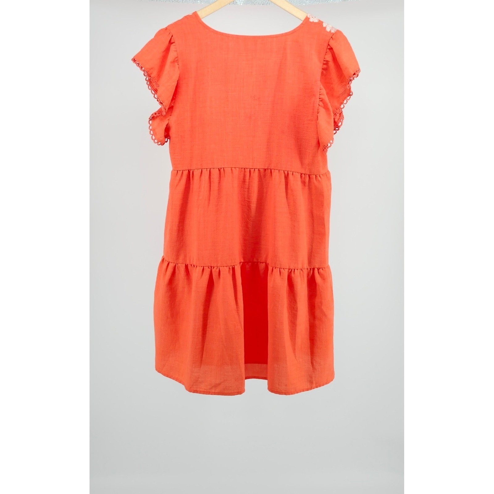 THML Coral Orange Floral Embroidered Tiered Mini Dress Flutter Sleeve Small