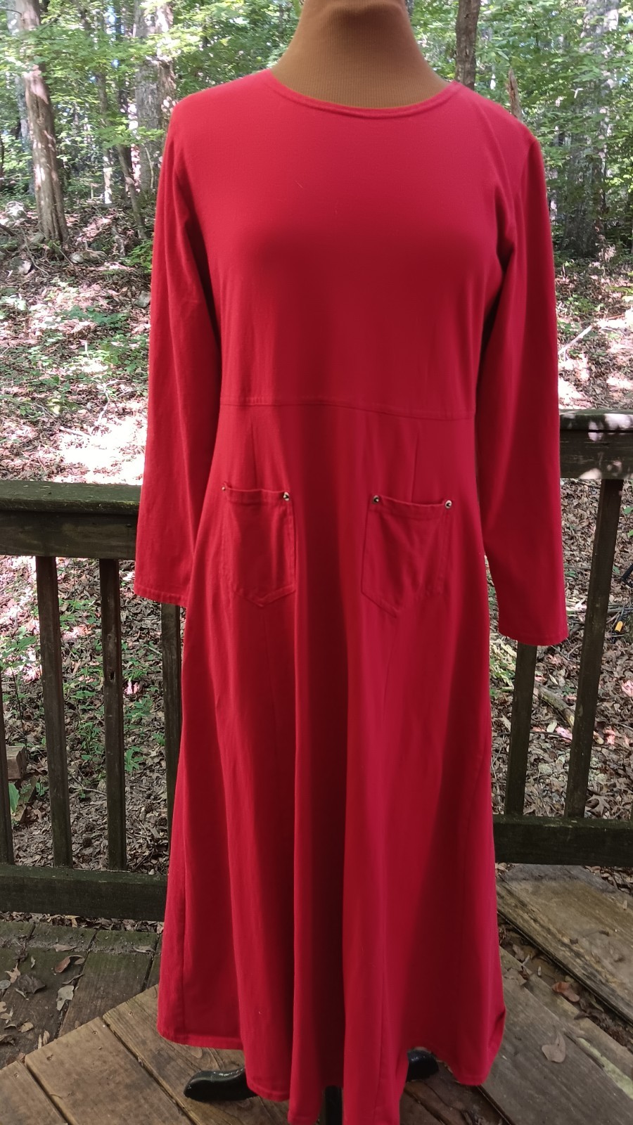 Coldwater Creek Red Cotton Knit Dress, Sz Medium, Chest 38″, 48″ long, Made USA