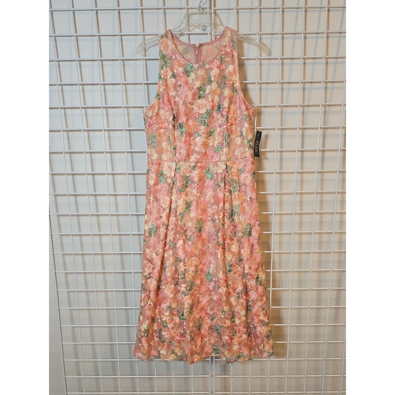 Alex Evenings Embroidered Pink Peach Green Formal Floral Midi Dress Size 10 NWT