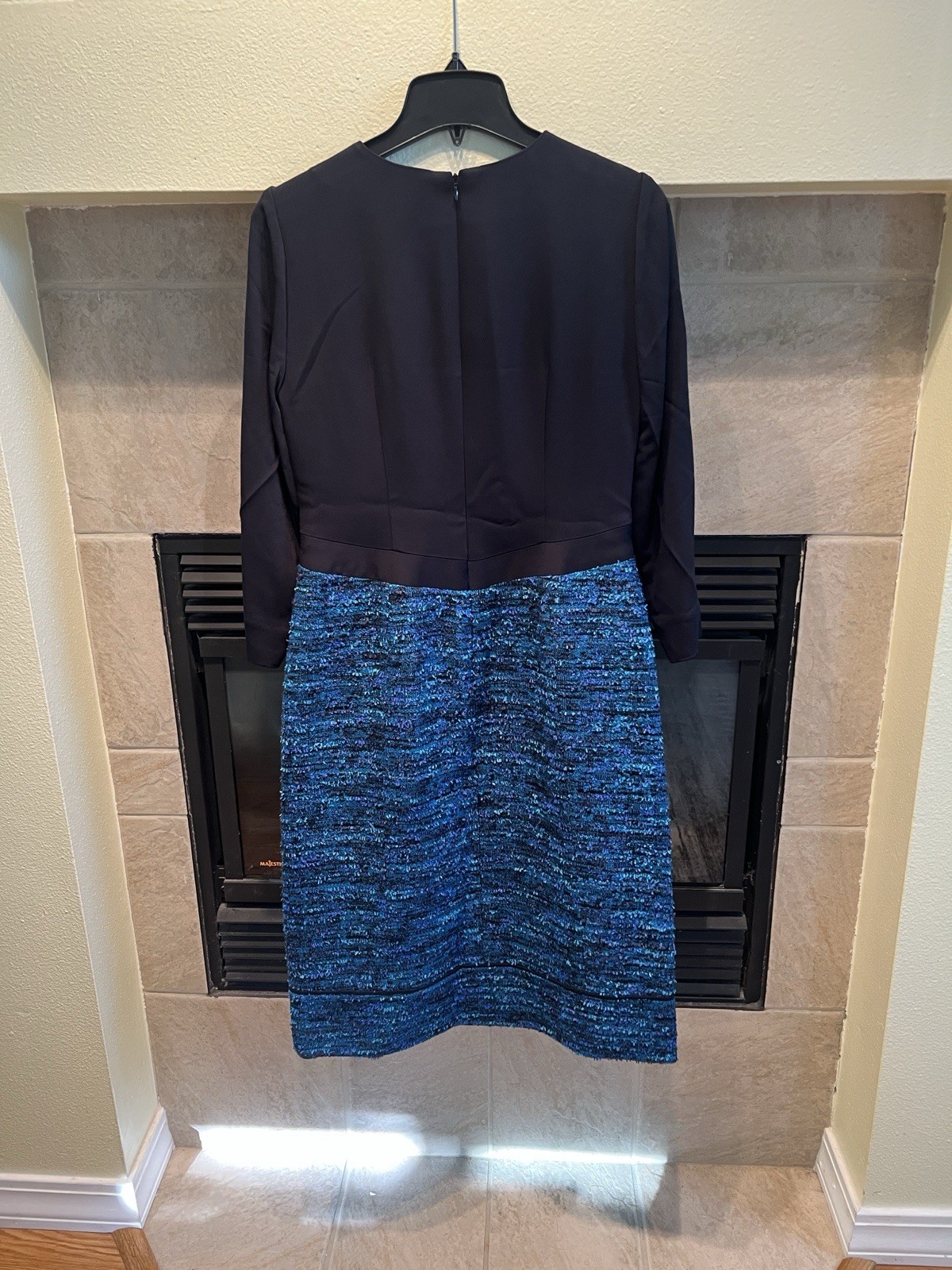 Avalon Mixed Media Sheath Midi Dress | Black & Blue Textured | Size 2