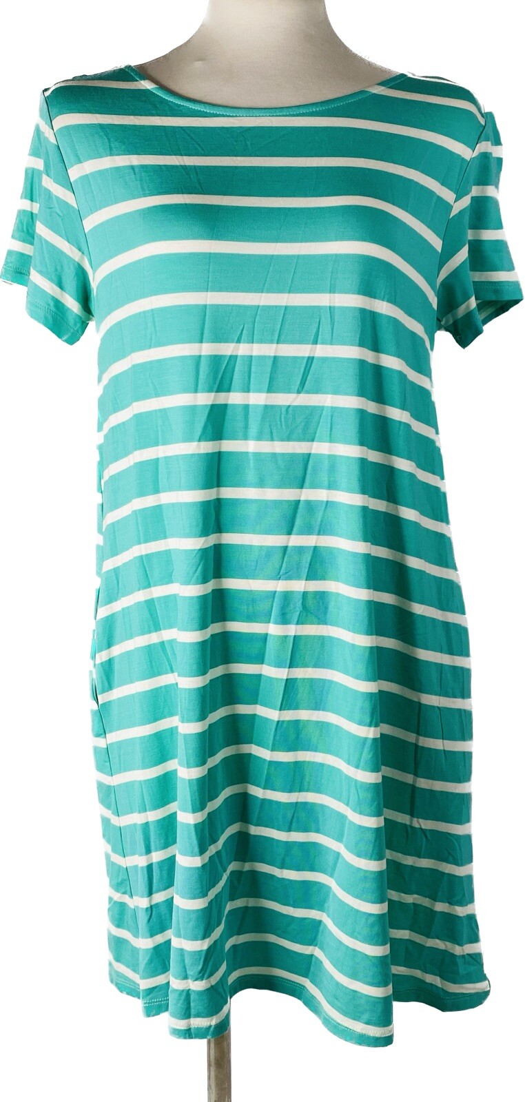 Yelete Sz S Green White Striped T-Shirt Shift Dress Pockets Cap Sleeve Travel