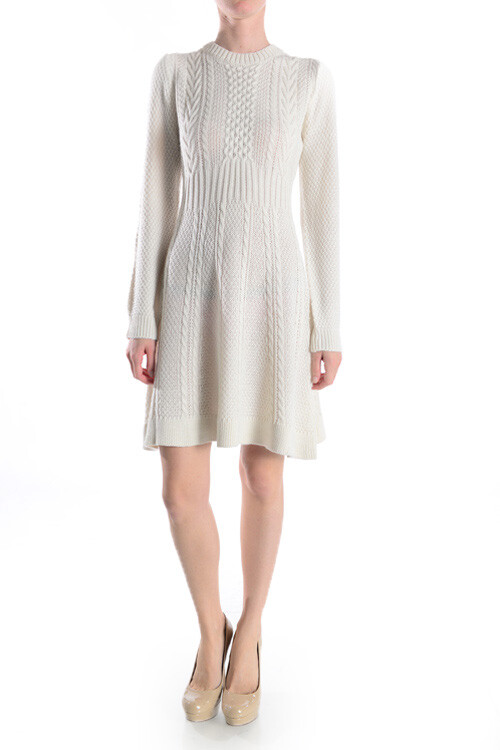 Yemak Women’s Cable Knit Round Neck Long Sleeves Flare Dress MK8030