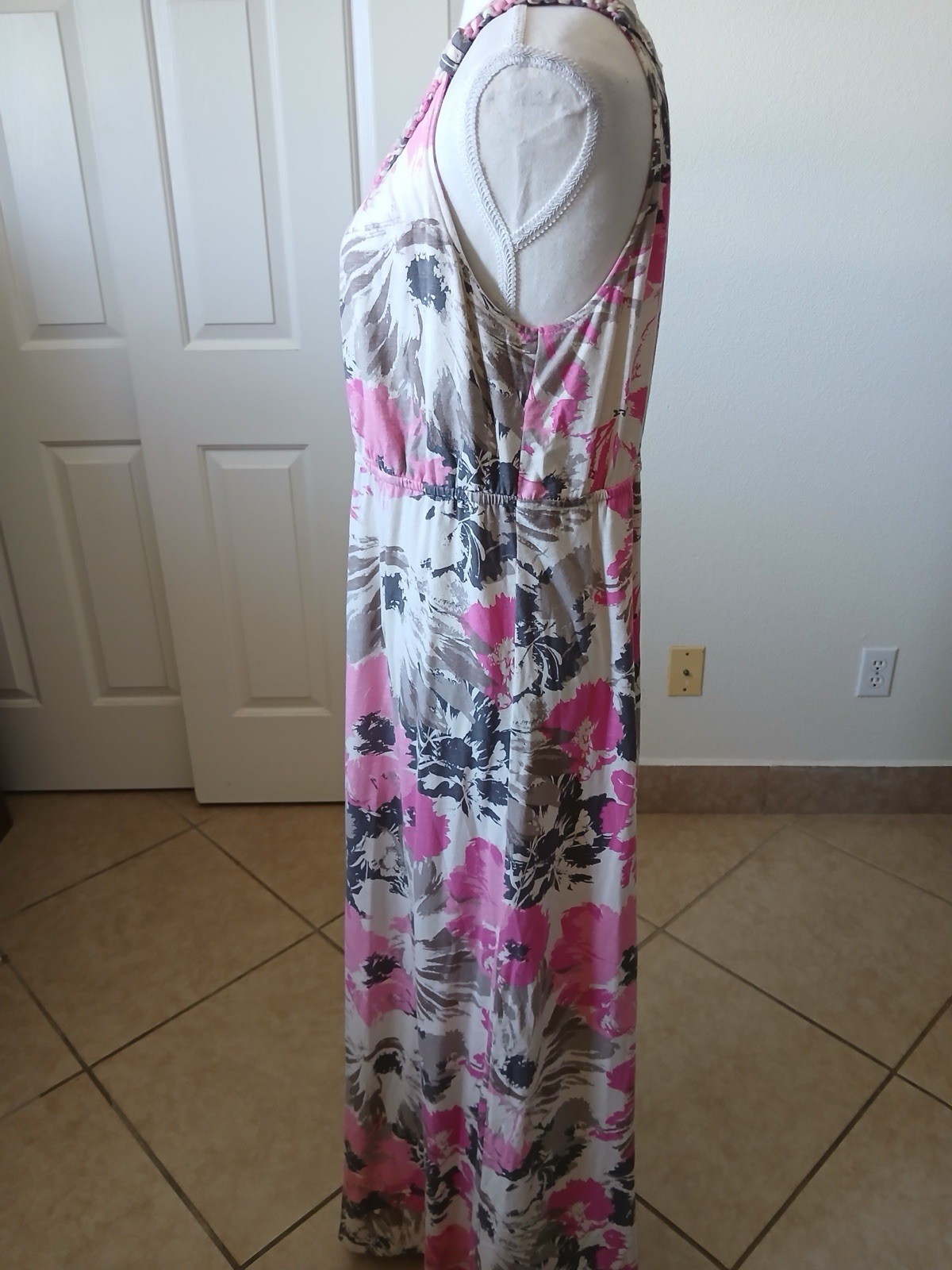 Sonoma Life + Style L Boho Floral Maxi Dress Pink Gray Sleeveless Summer Chic