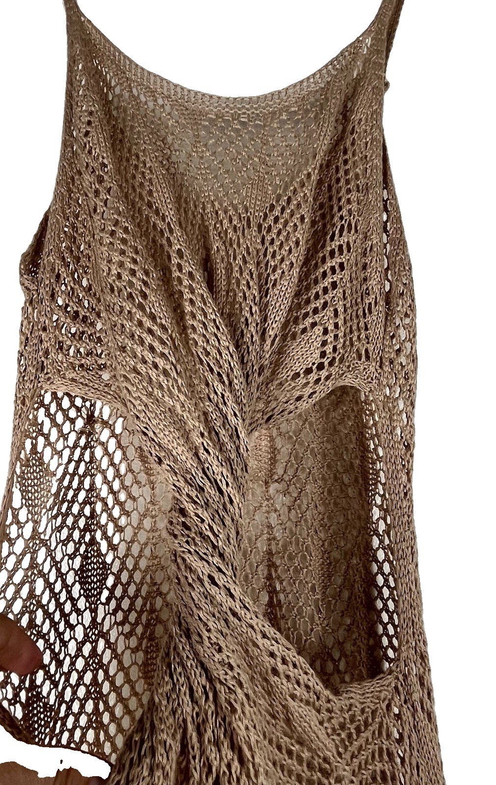 Women’s Crochet Knit Beach Cover Up Dress Tan Open Knit Sleeveless Size M