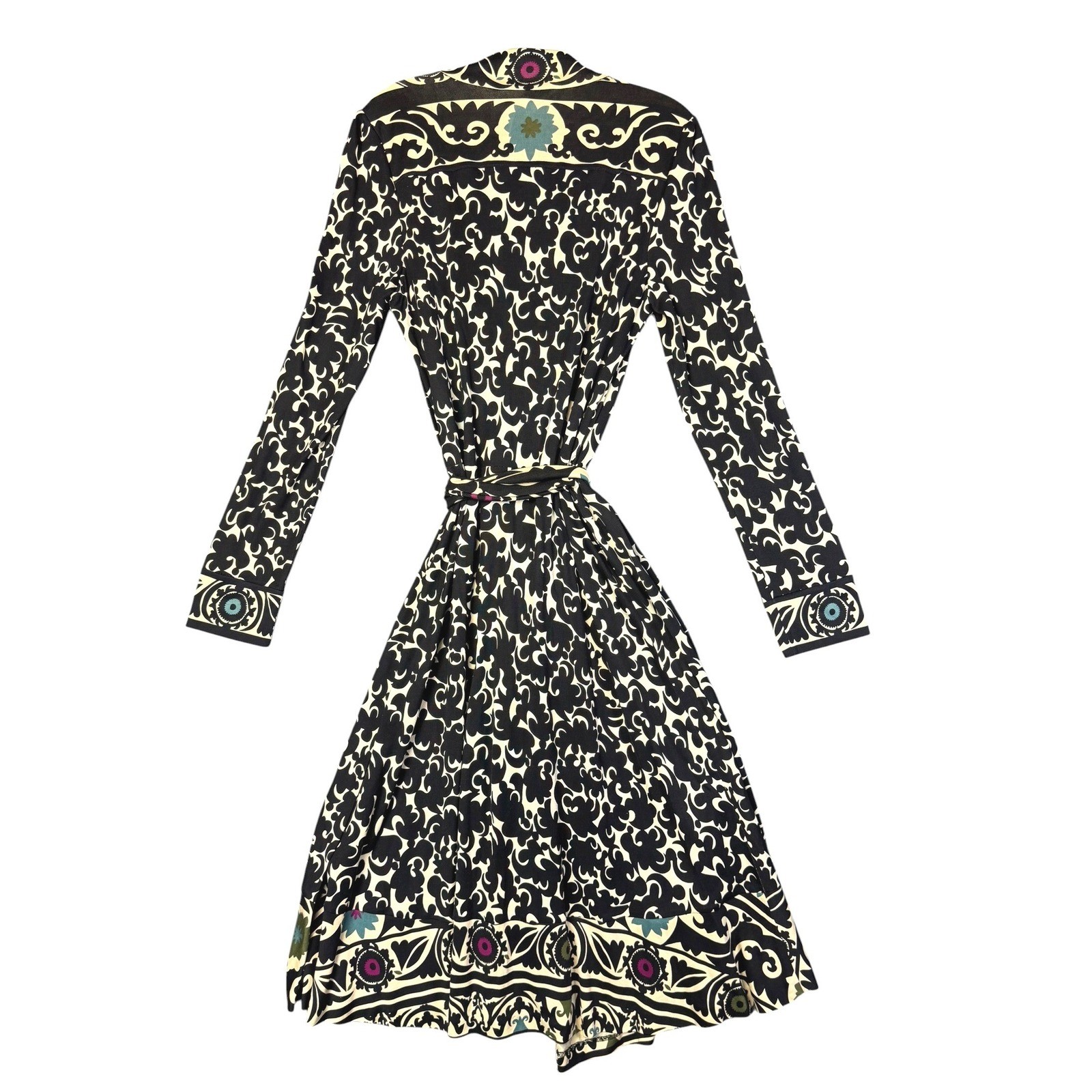 Diane von Furstenberg Julian Silk Jersey Wrap Dress Black Cream Floral Size 12