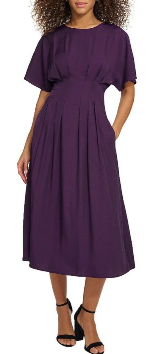 Kensie Short Sleeve Smocked Waist A-Line Midi/Maxi Dress Eggplant Purple 4