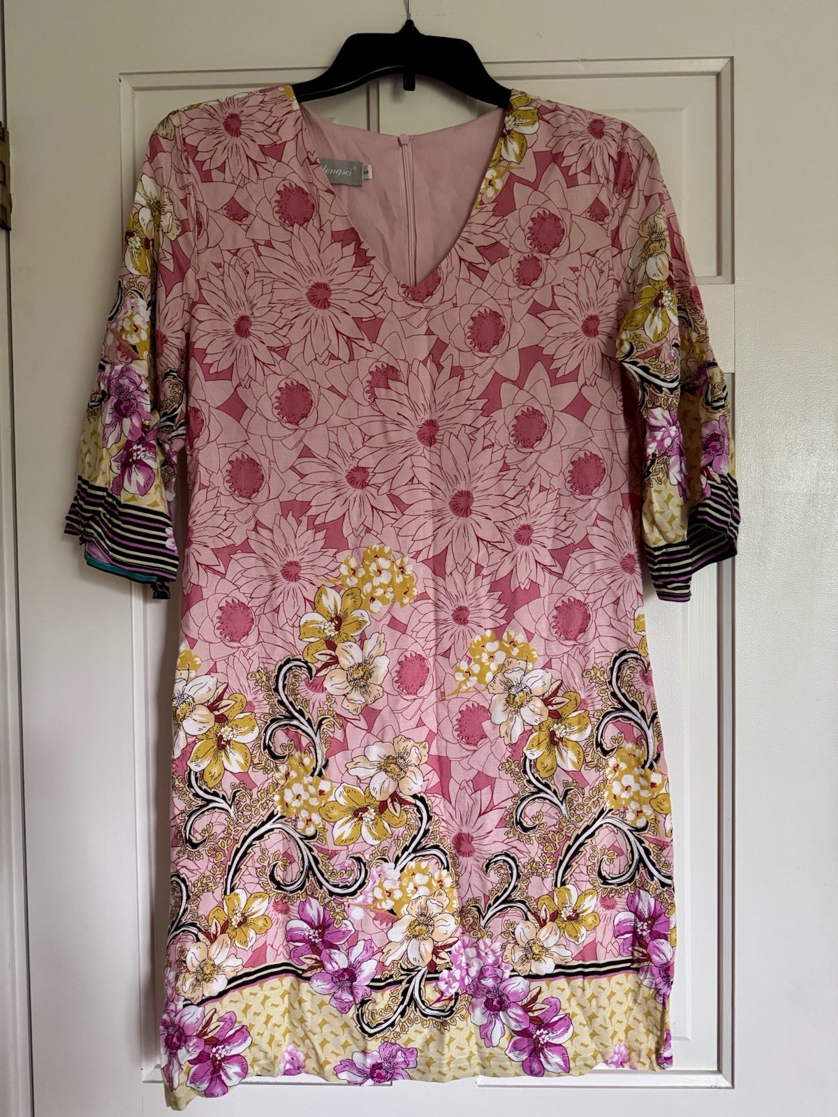 Belongsci Women’s Pink Floral V-Neck Midi Dress, Size S