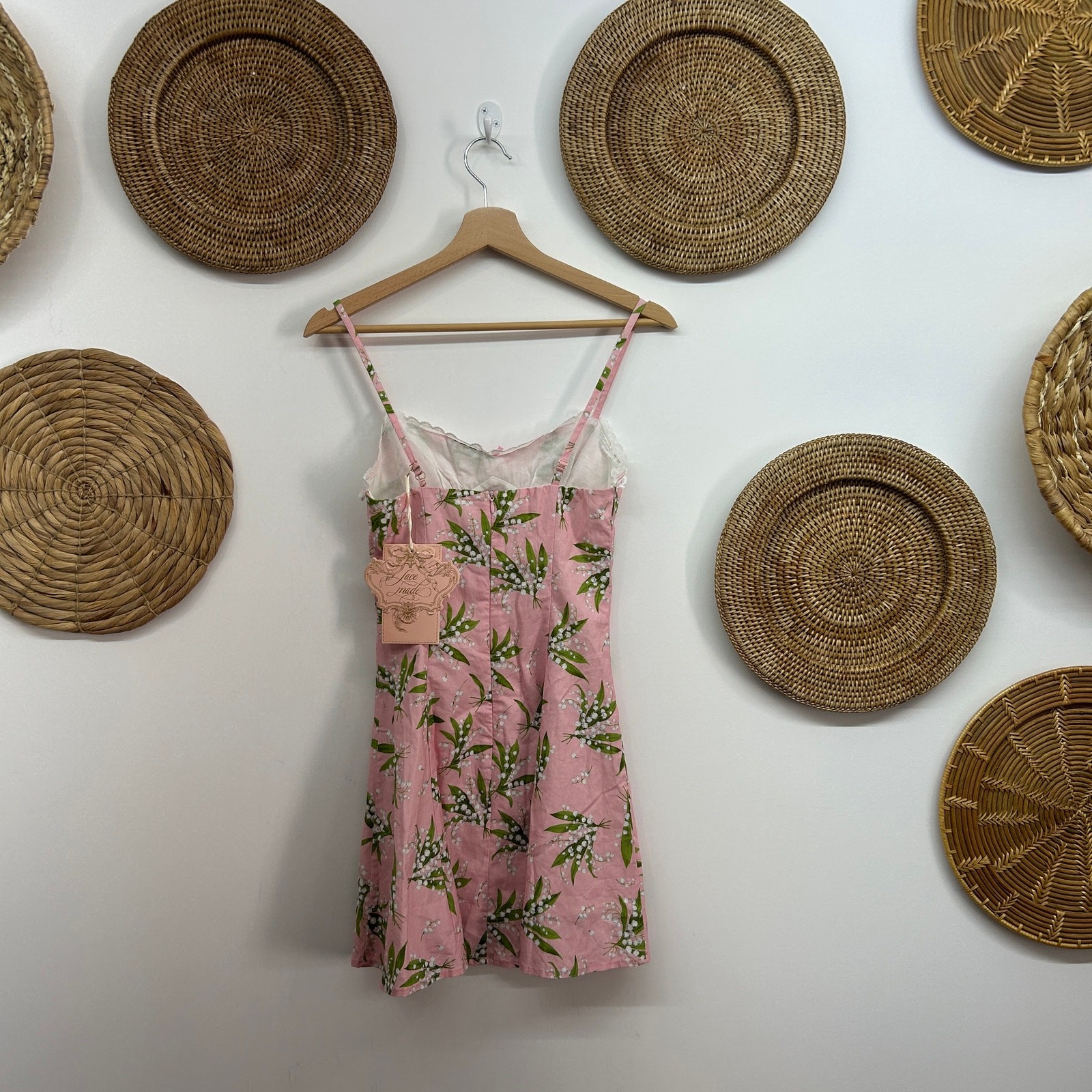 NEW Lacemade Pink Green Leaf Print Lined Lace Trim Sleeveless Mini Dress XS