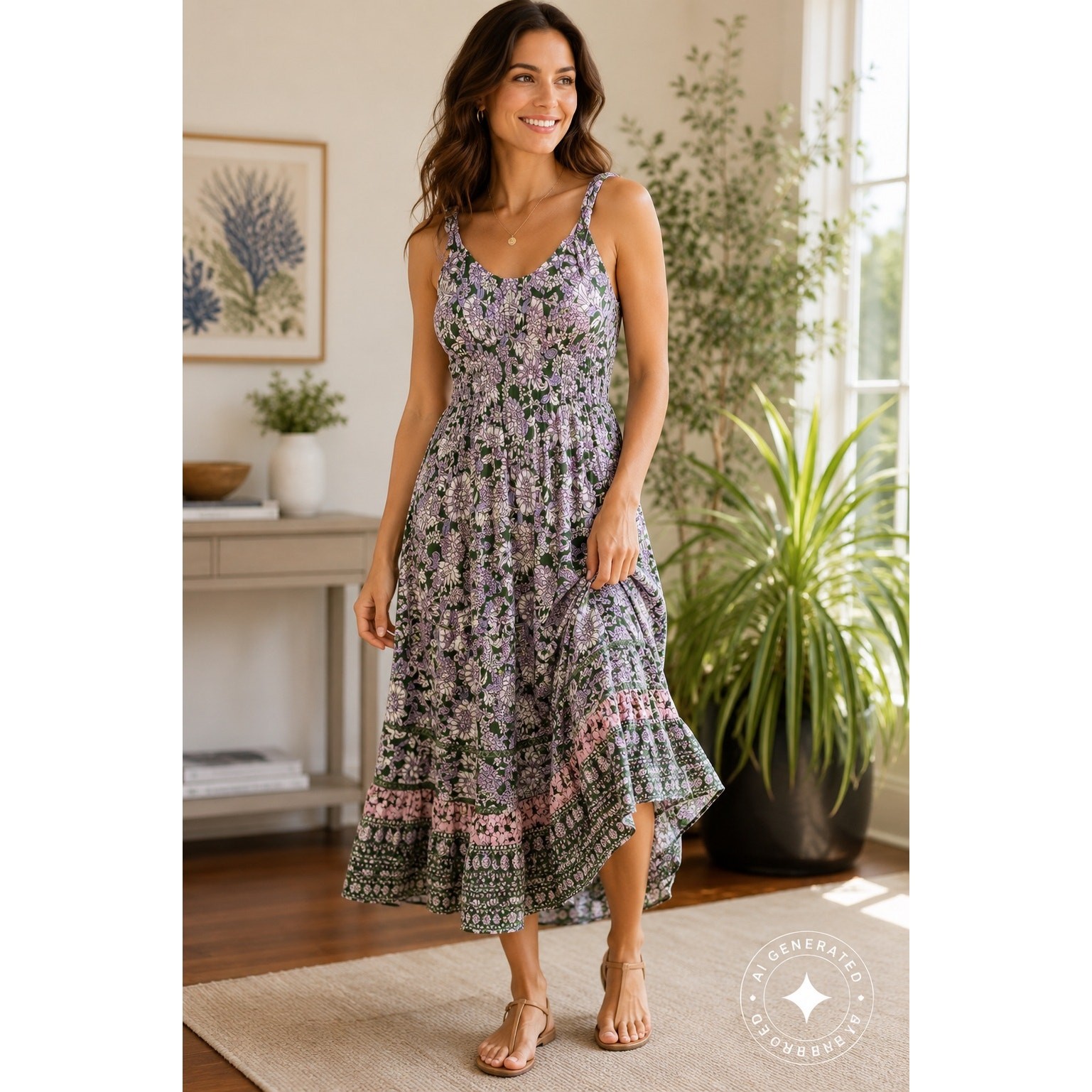 Olivaceous Floral Maxi Dress Women’s Lg Green Purple Boho Sleeveless Tiered NWT