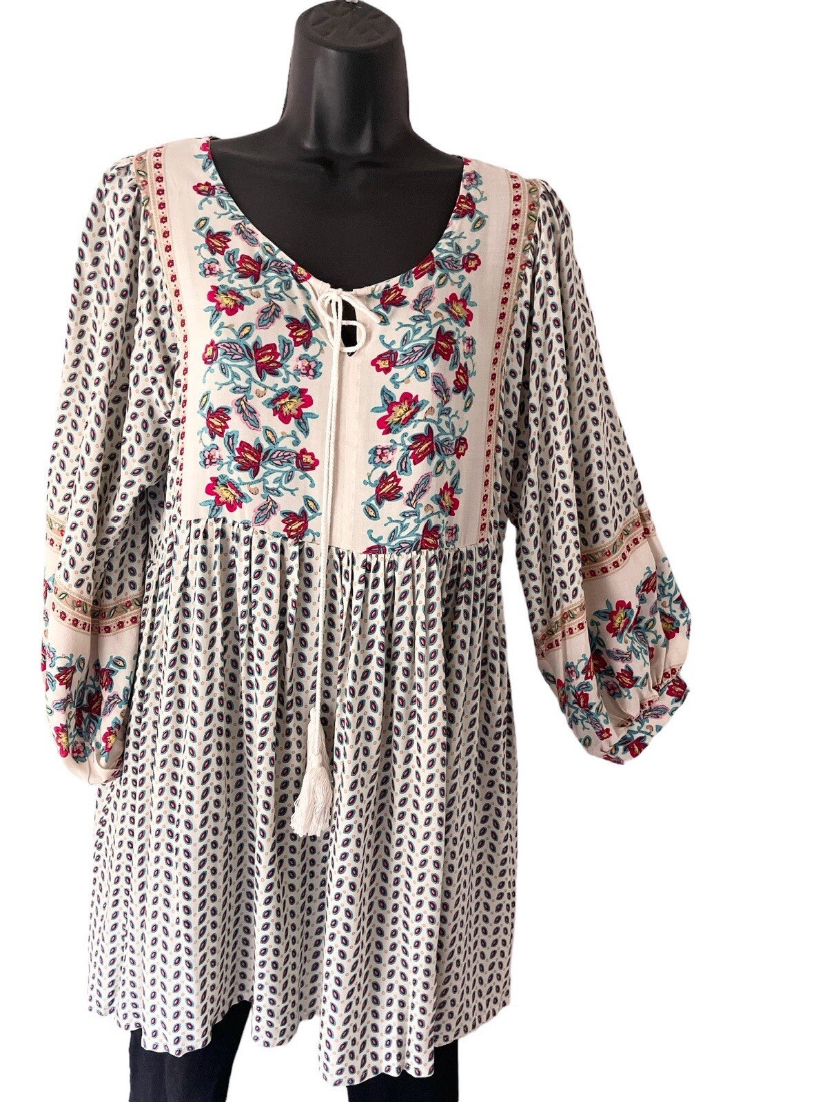 Boho Jane Dress Women S V Neck Tassel Cottagecore Peasant Floral Long Sleeves