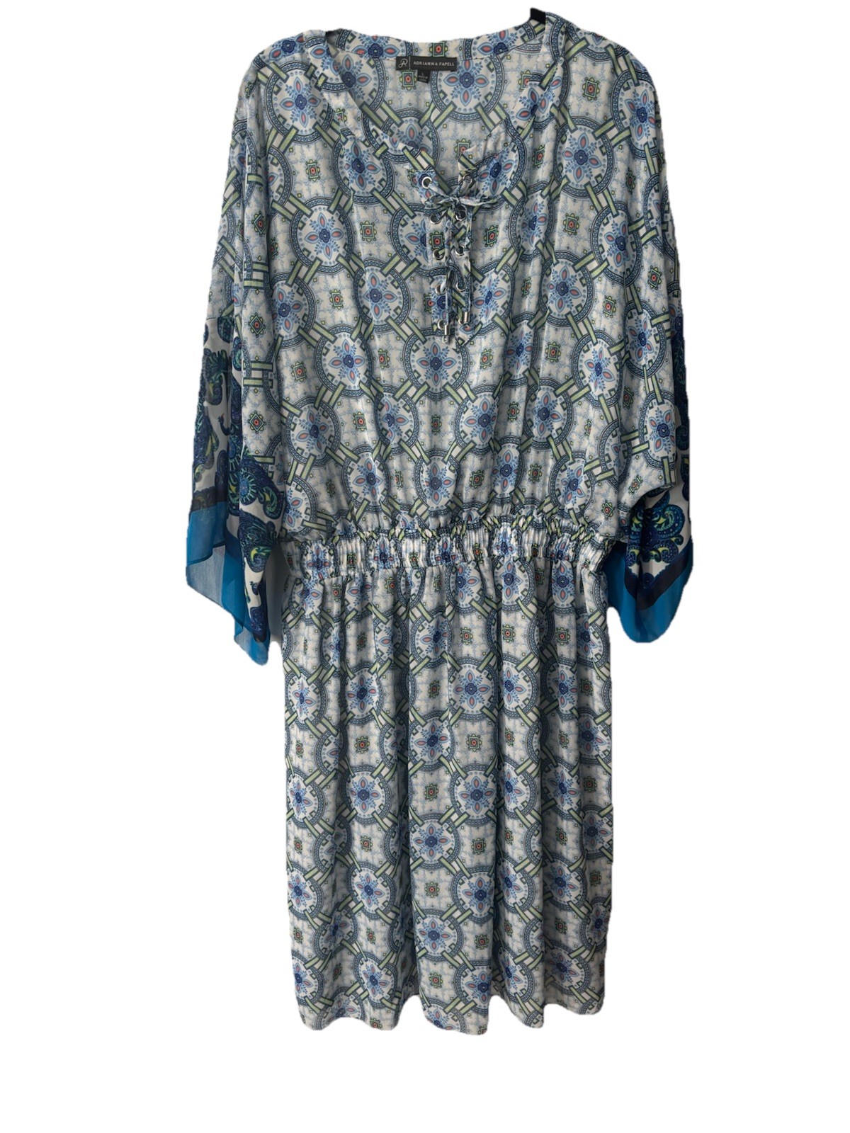 Adrianna Papell Blue Print Dress Size Large Fully Lined Full Flowy Sleeves