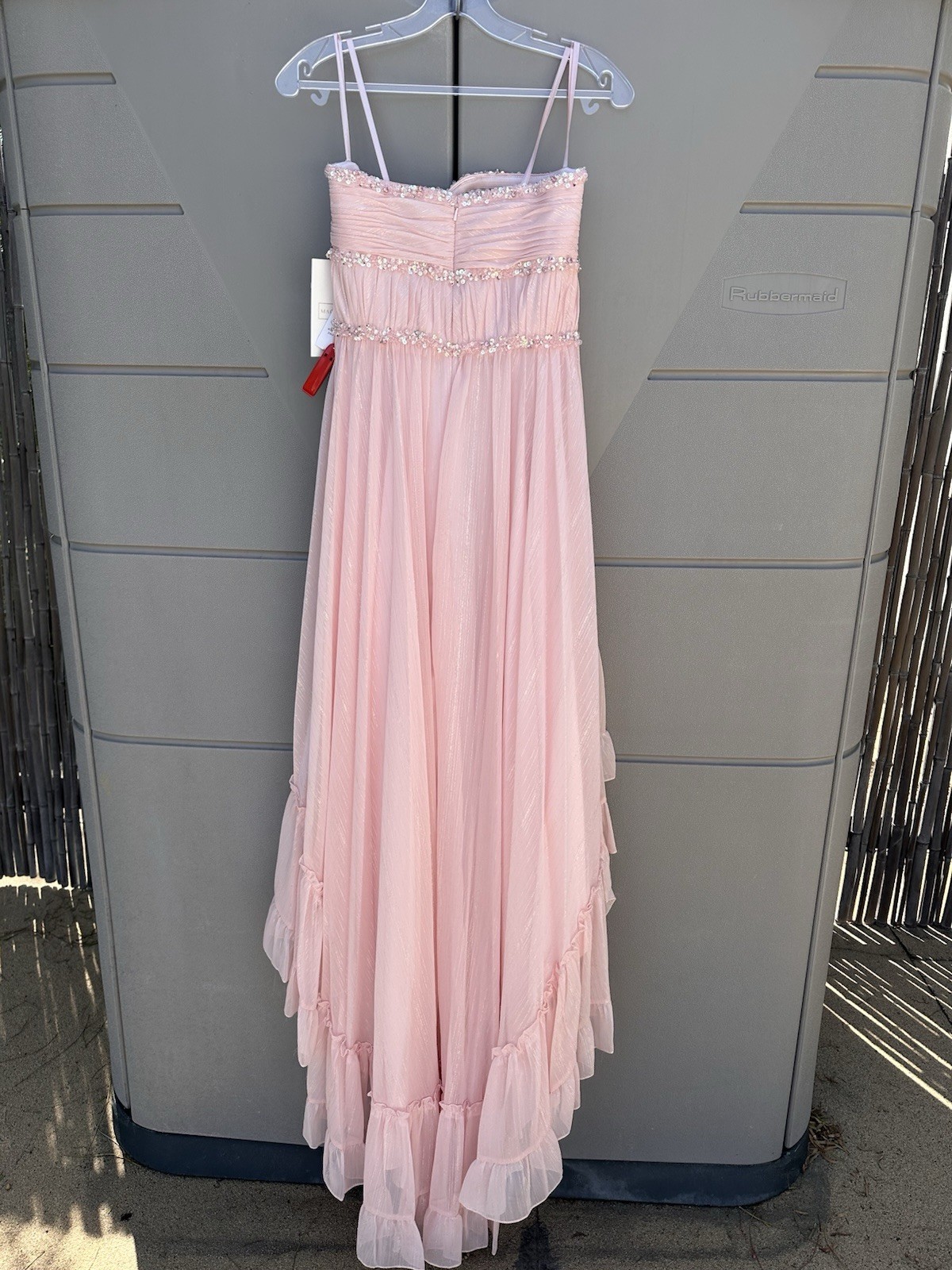 Mac Duggal Strapless Beaded Ruffle High Low Prom Gown in Ice Pink Sz 6 Princess