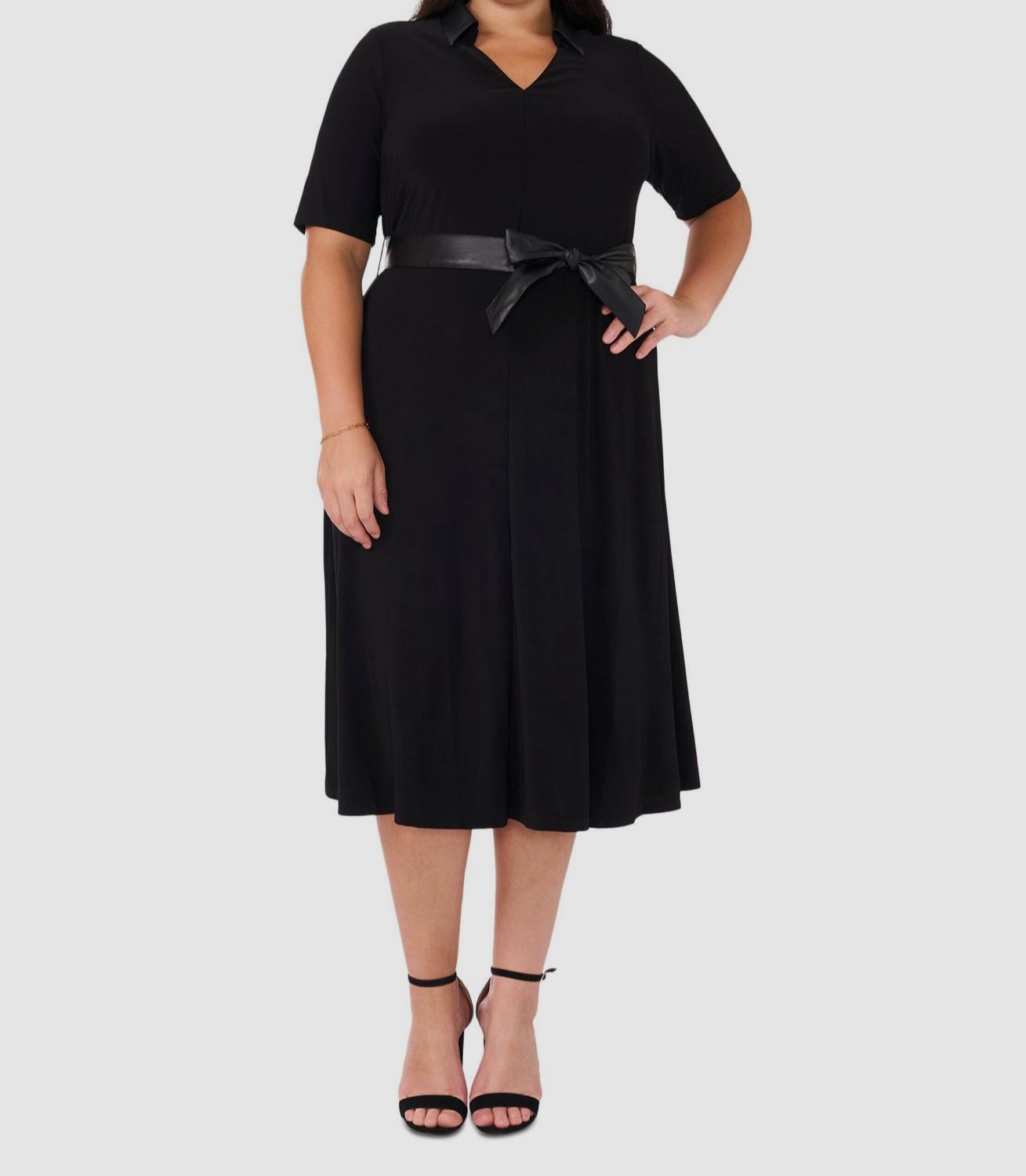 MSK Women’s Black Collared Short-Sleeve Self-Tie Jersey Midi Dress Plus Size 1X