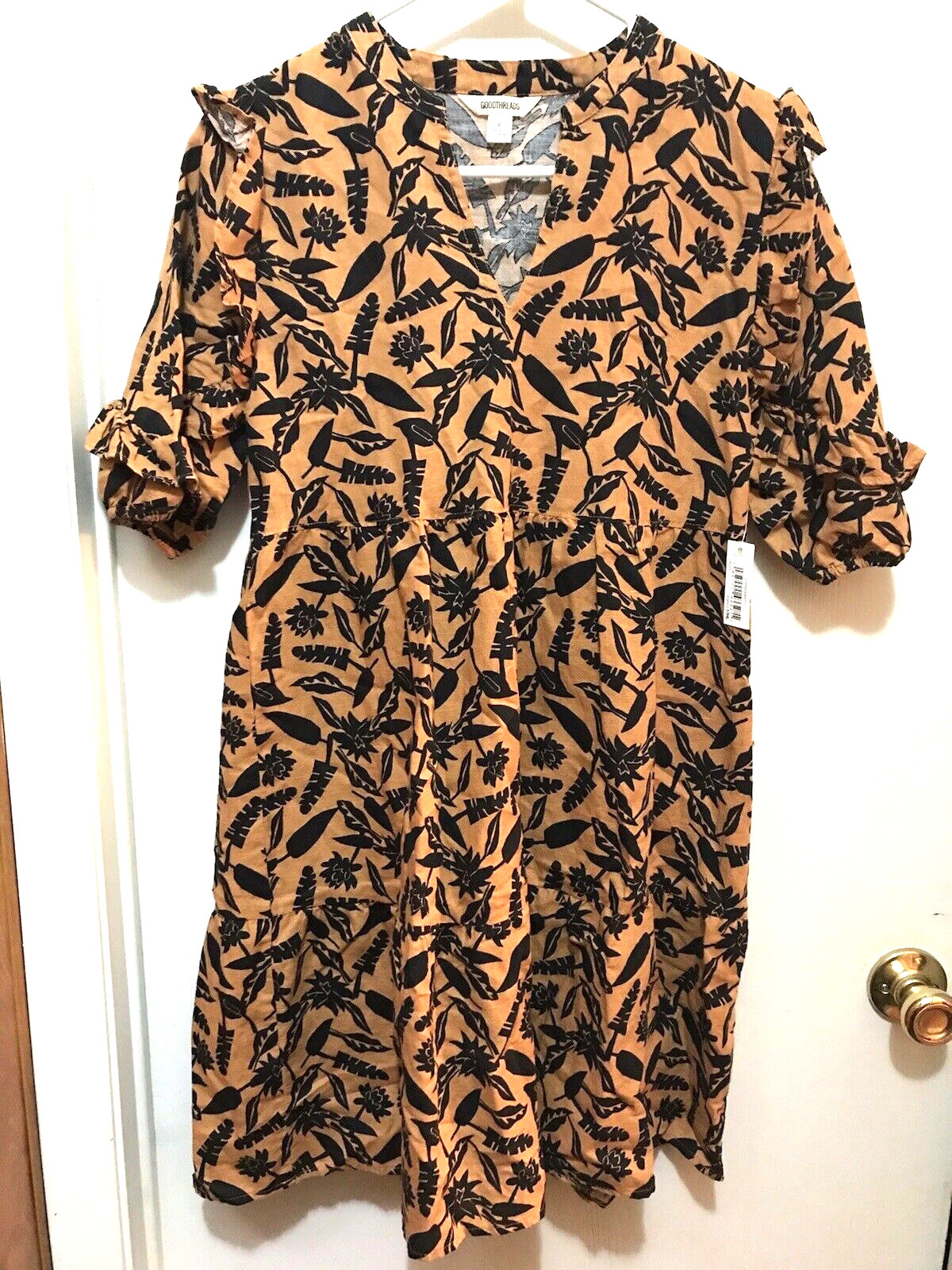 Women’s Dress SZ S Tan/B New Linen Split Neck Elbow Sleeve Tiered Goodthreads