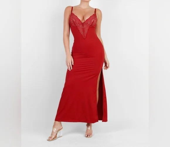 Popilush Shapewear Lace V Neck Side Slit Slimming Maxi Slip Dress