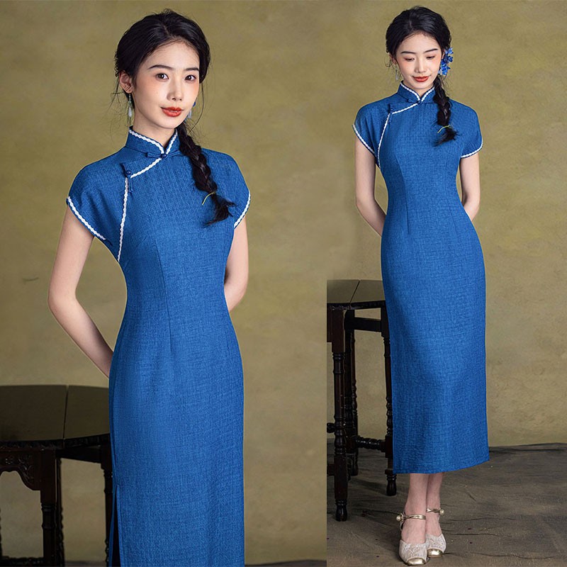 Chinese Style Womens Qipao Dress Short Sleeve Cheongsam Midi Dress Casual