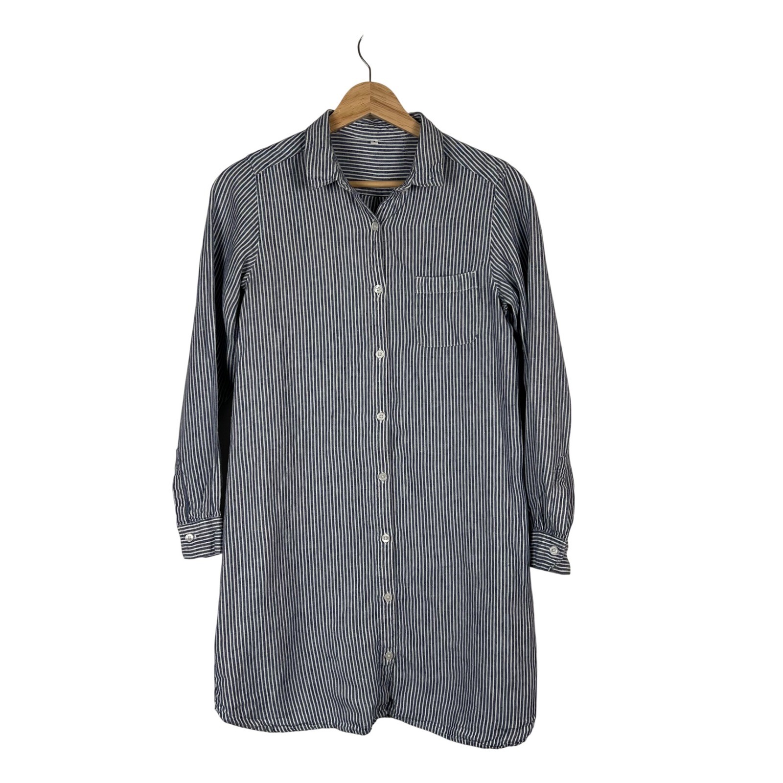 Muji Womens Blue White Striped 100% Linen Long Sleeve Shirt Dress Small Coastal