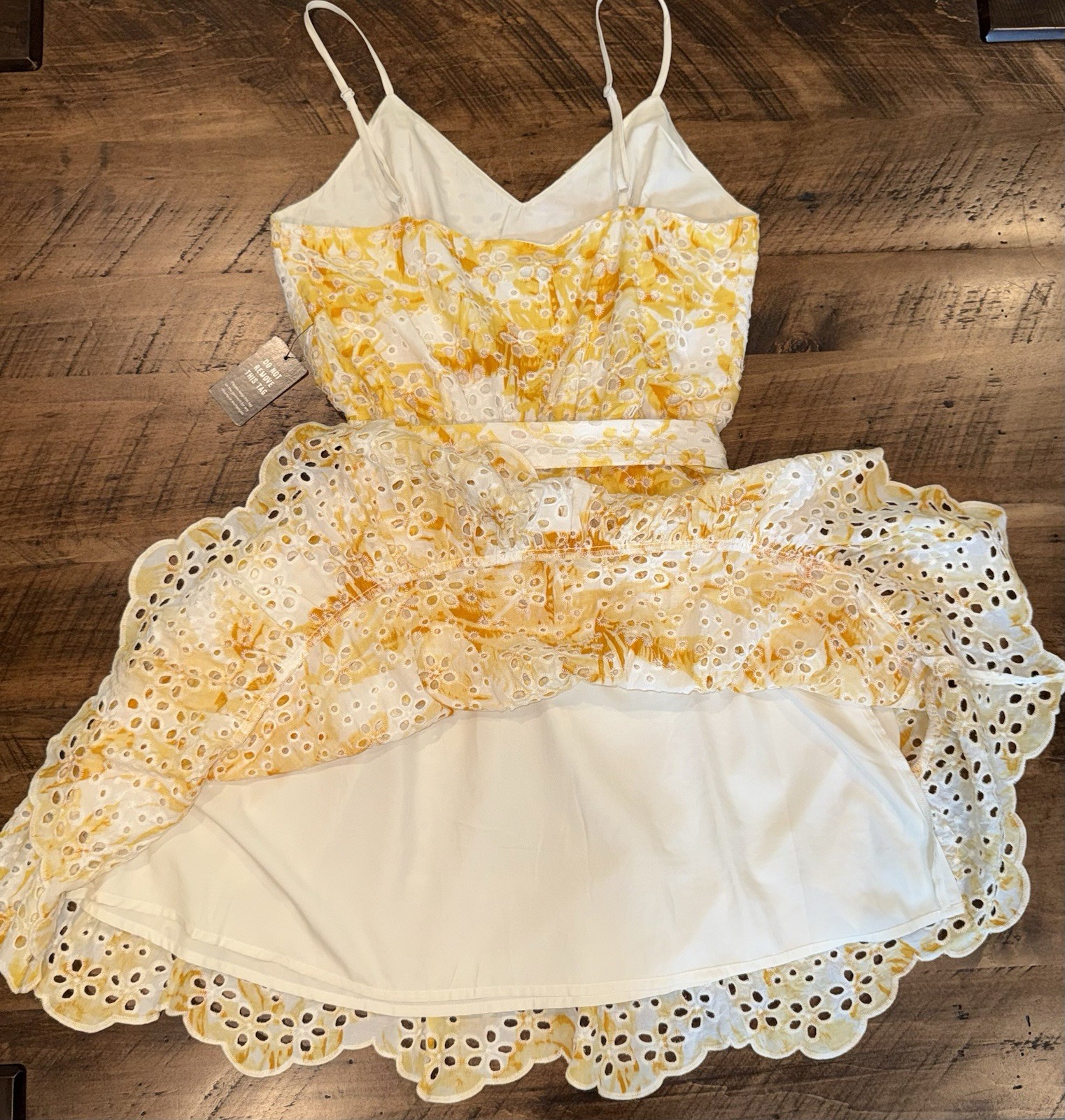 Express Eyelet Mini Dress Small NWT Yellow White Floral Tie Waist Sundress