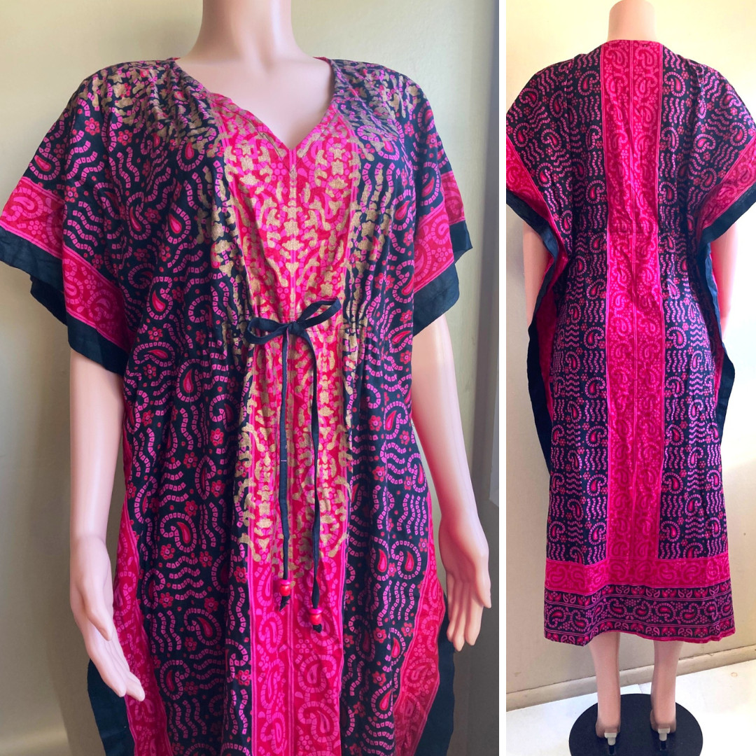 JGee Cotton Caftan Abaya MuMu XL 1X 2X Plus Dress Gather Tie Waist Red Pink NWT