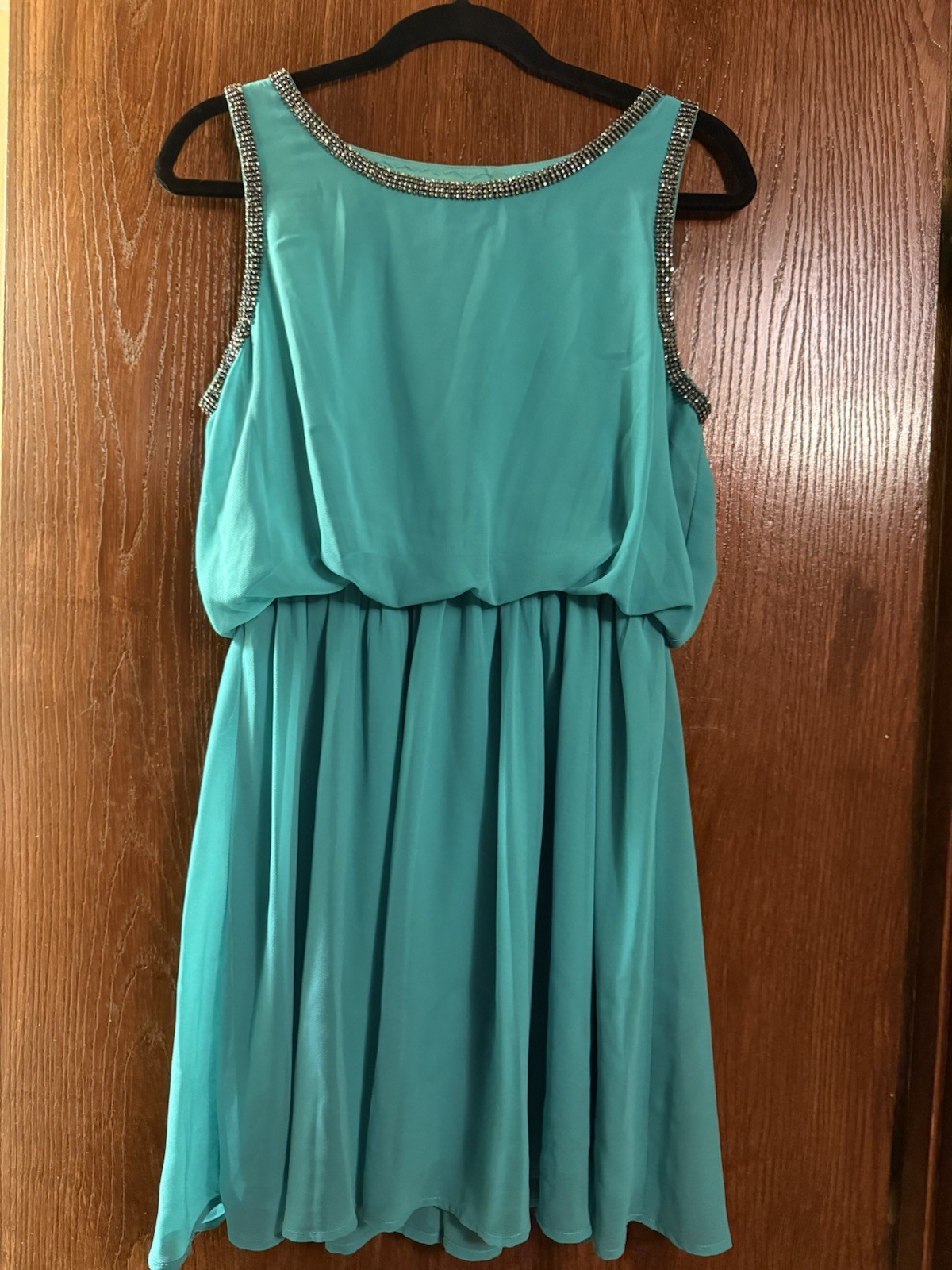 AGACI Women’s M Fit & Flare Sleeveless Round Neck Beaded Teal Short Dress