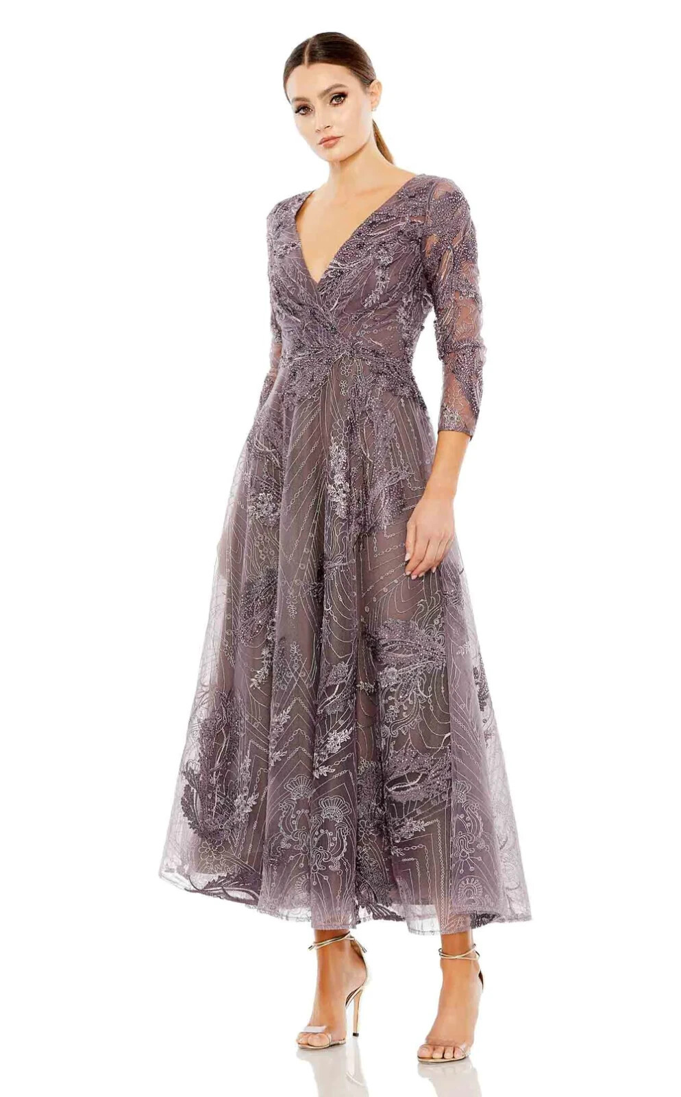 Mac Duggal Purple Aubergine Beaded Floral A-Line Cocktail Midi Dress 18 $698