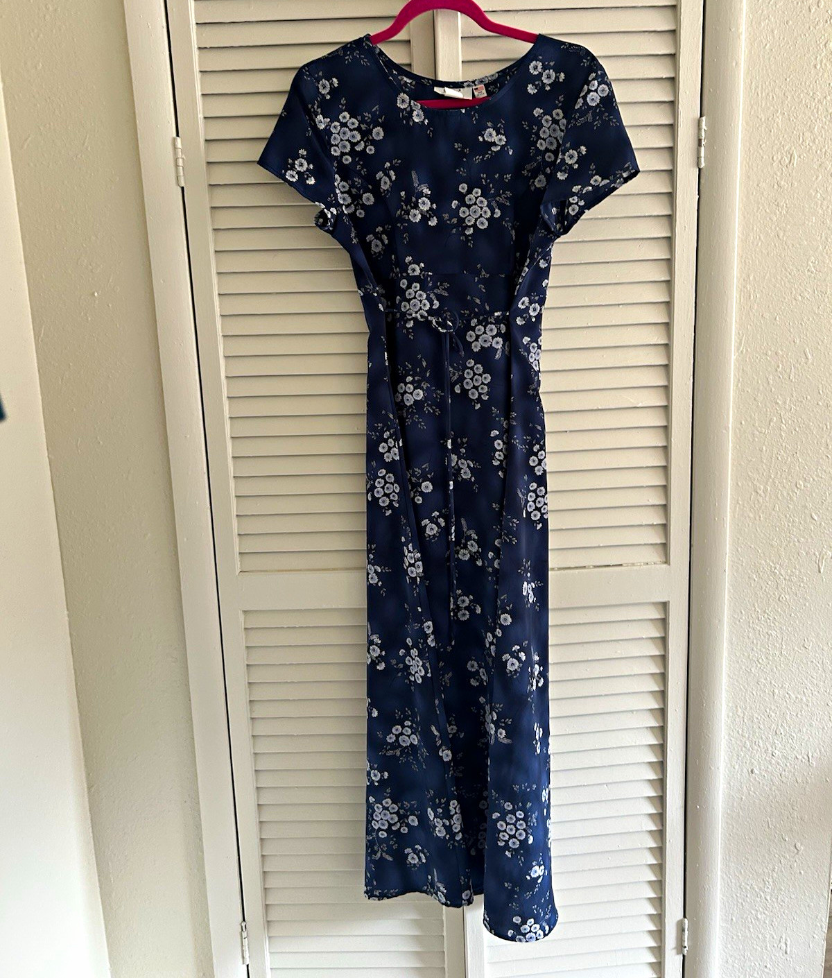 Vintage Jody California Blue Floral Maxi Dress M Tie Waist Cap Sleeve