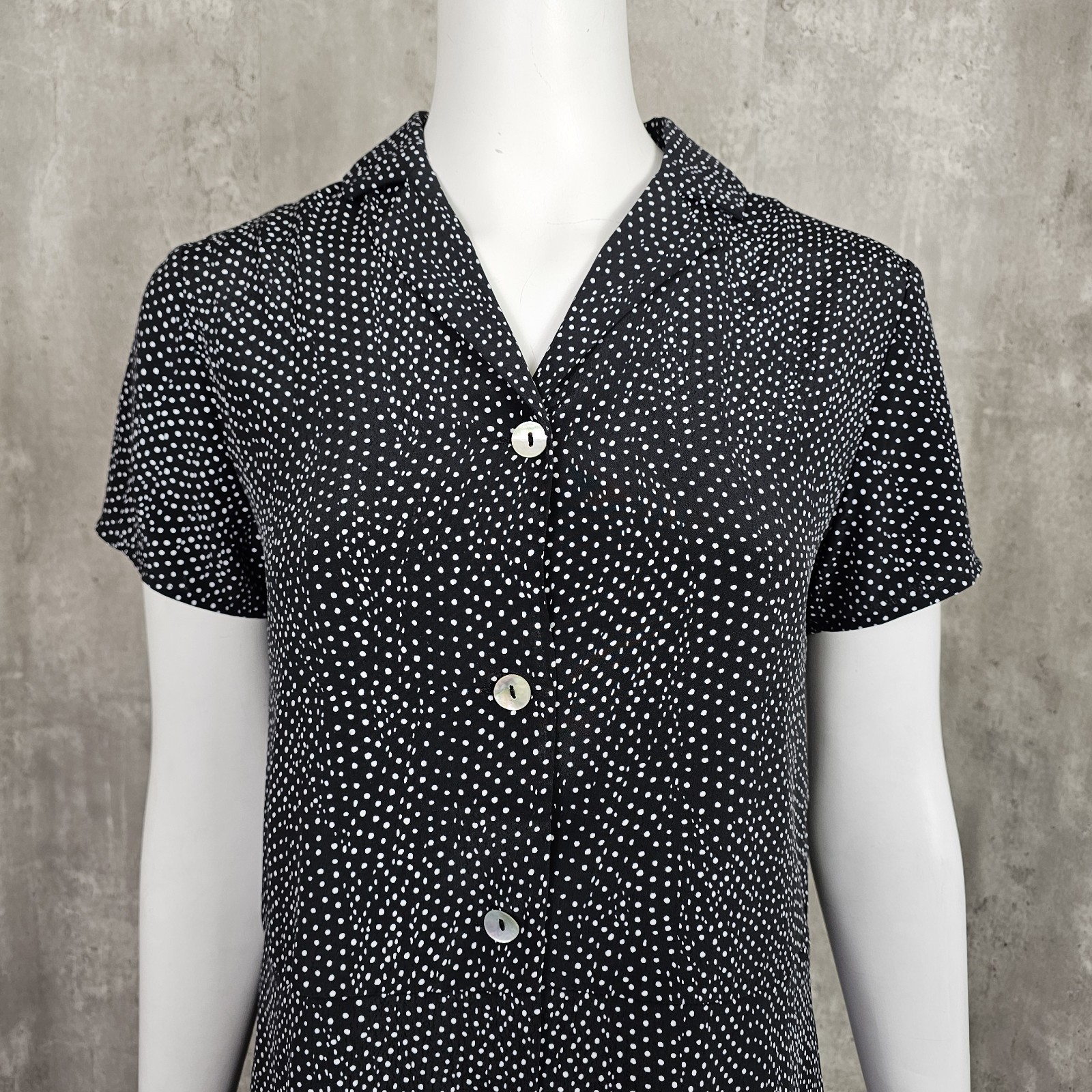 Mod Ref Size S Black White Small Polka Dot Shirt Dress Casual Midi Short Sleeve