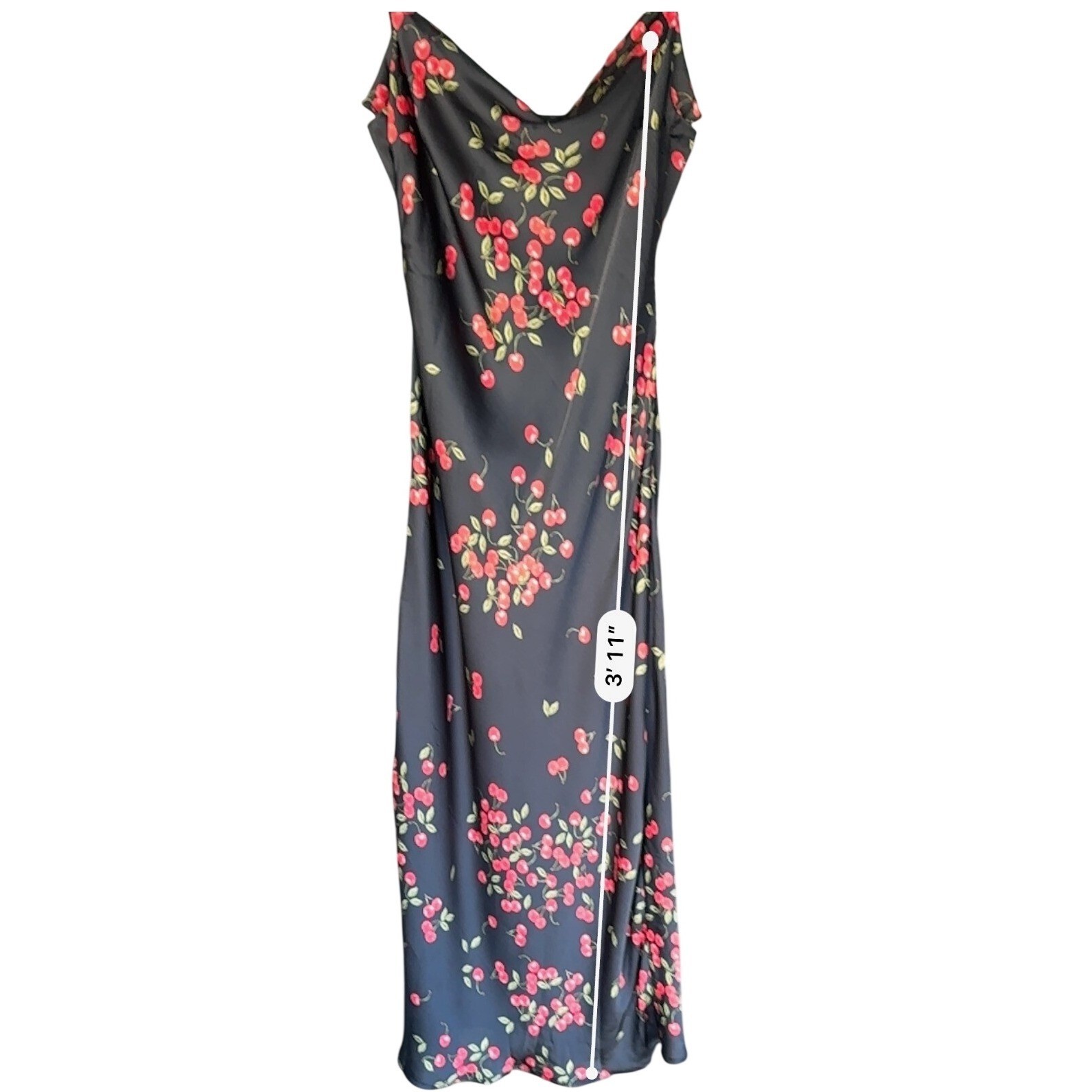 VICI Black Cherry Print Cowl Neck Maxi Dress Medium Open Back Side Slit Summer