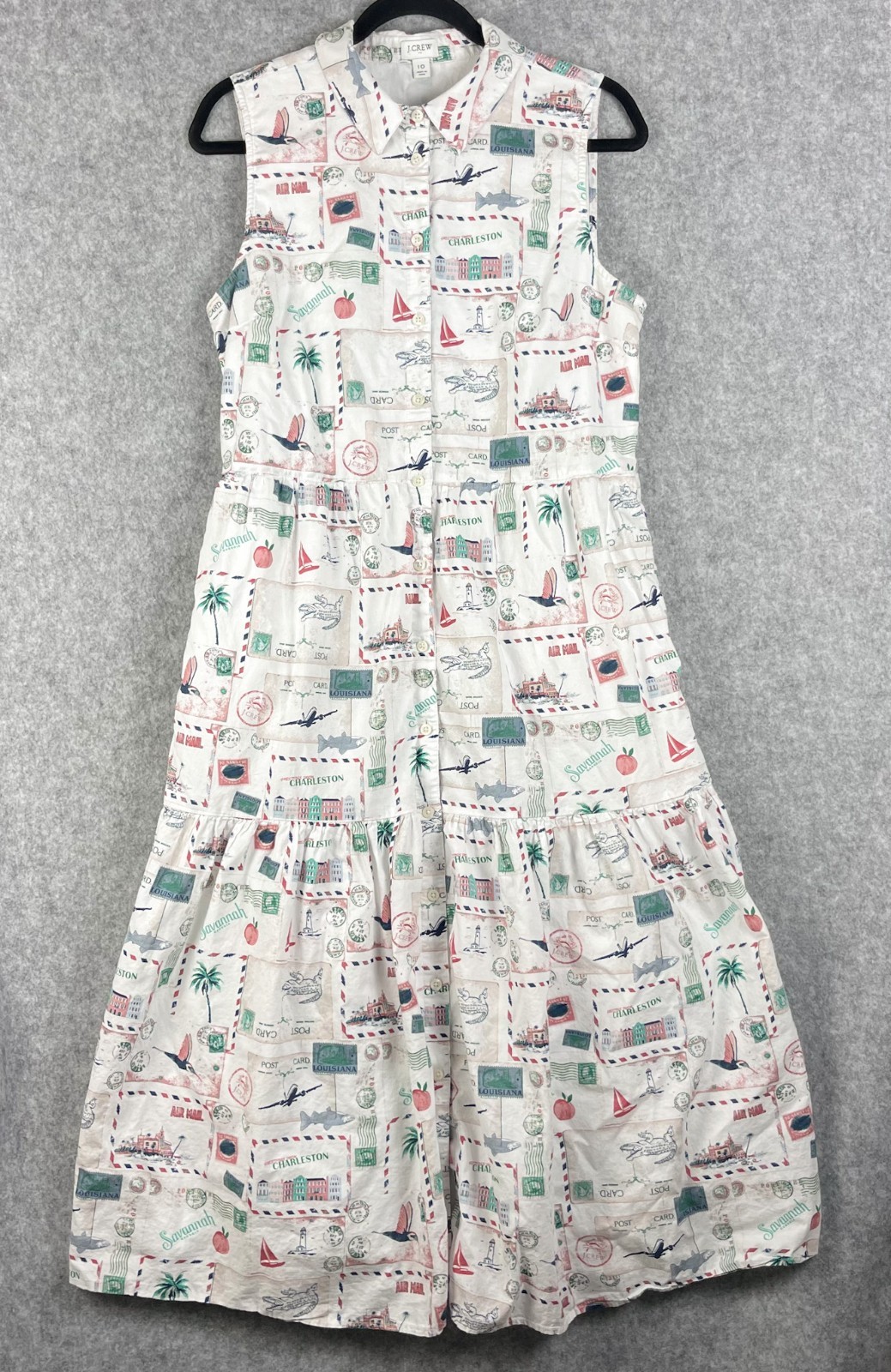 J Crew Map Print Dress Womens 10 Sleeveless Button Front Tiered Midi Coastal
