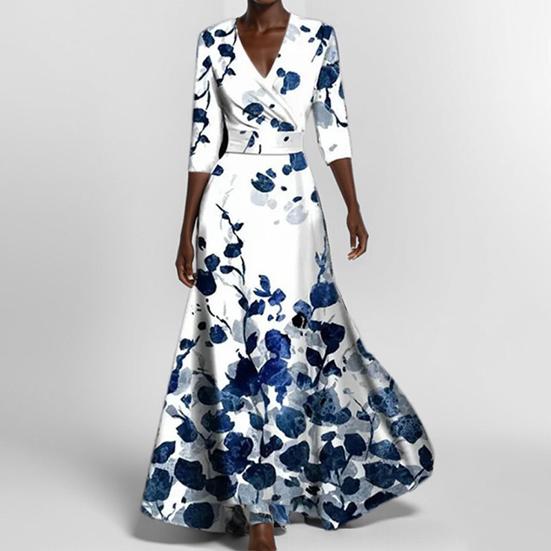 Women’s Fashionable And Elegant V-neck Printed Tie-Fitting Skirt Dress For Women