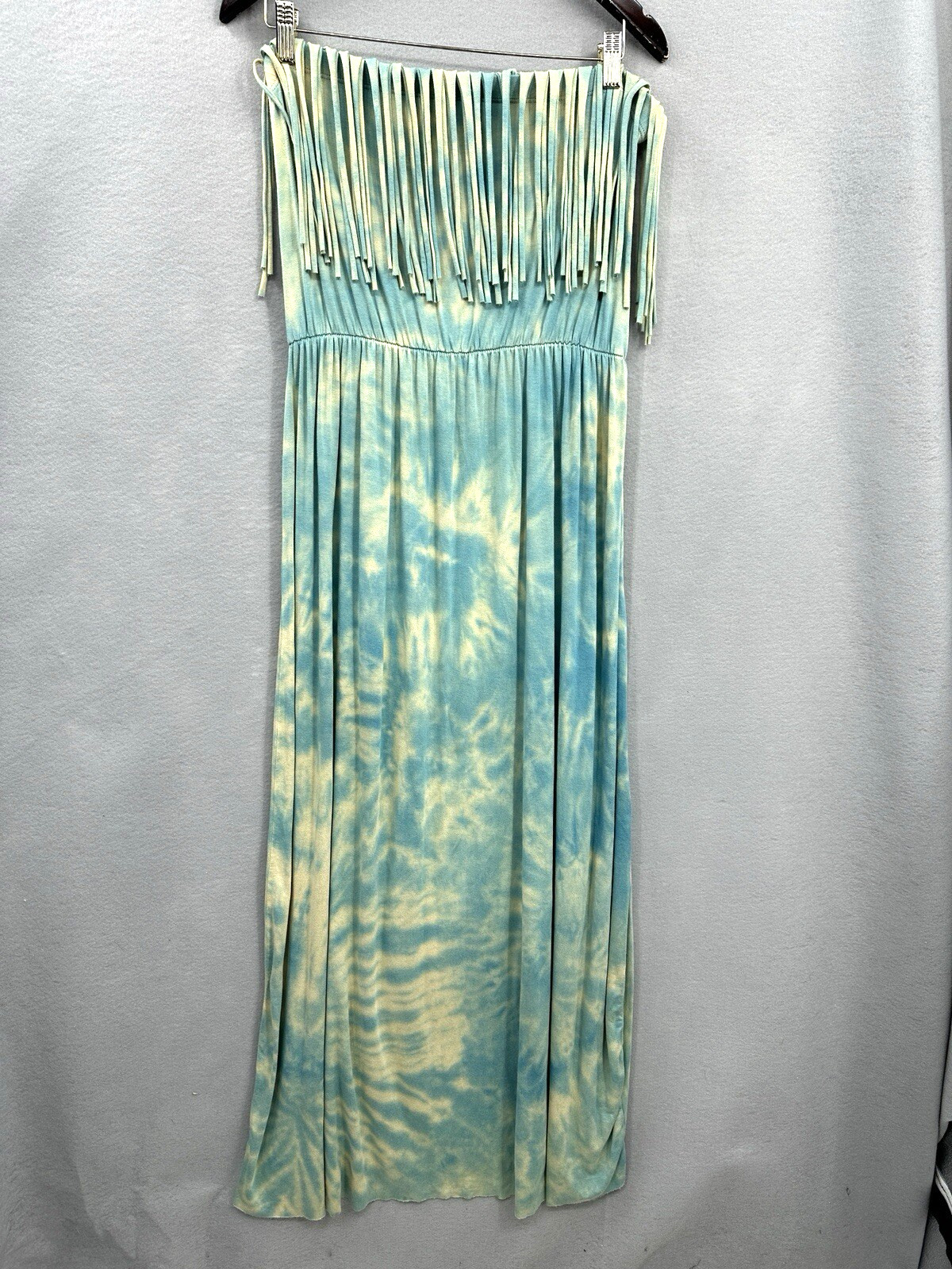 T Party Maxi Dress Sun Fringe Womens Large Sleeveless Blue Boho Western Cowgirl