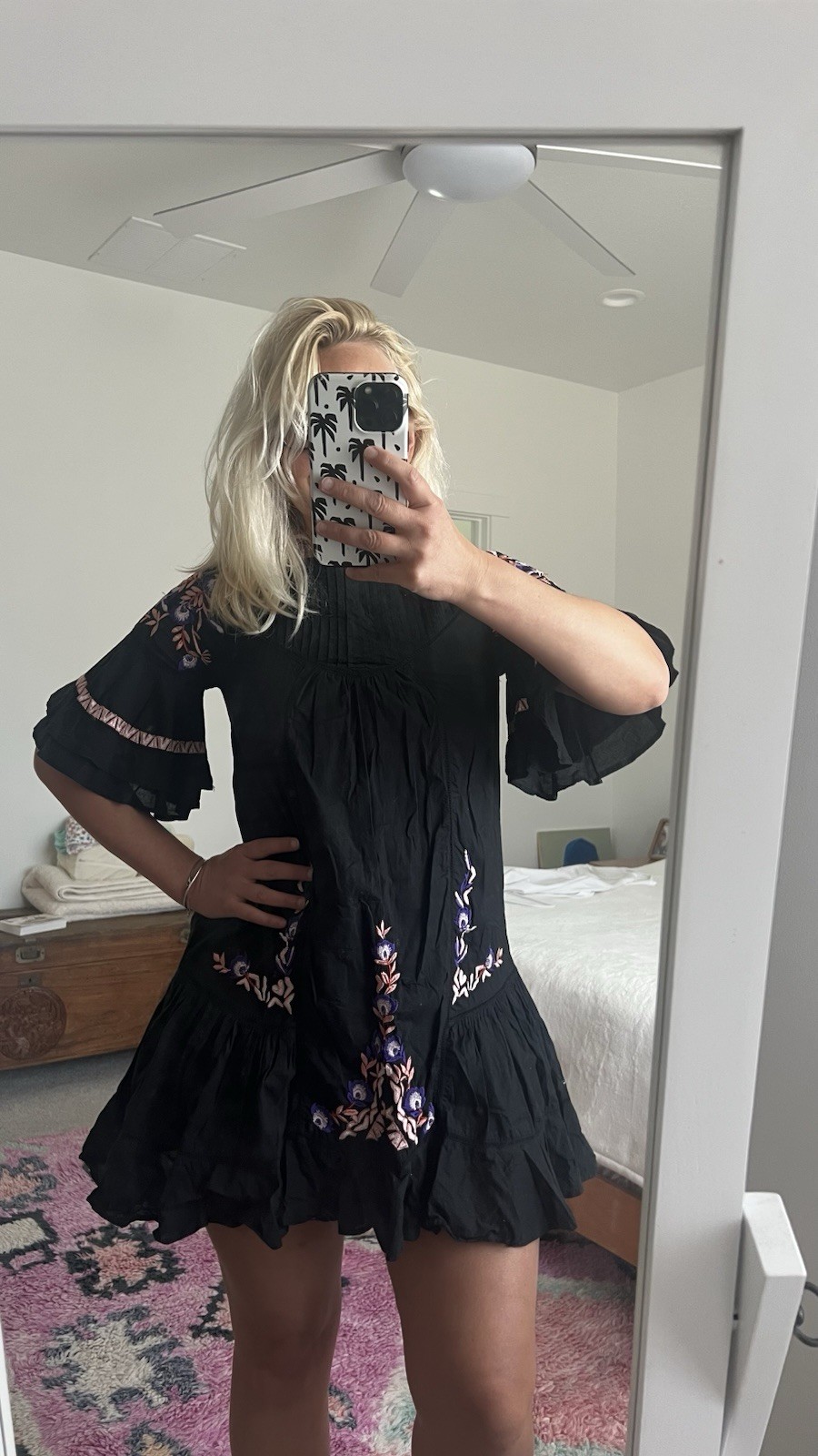 Black Floral Embroidered Ruffle Hem Shift Mini Dress Round Neck Bell Sleeve