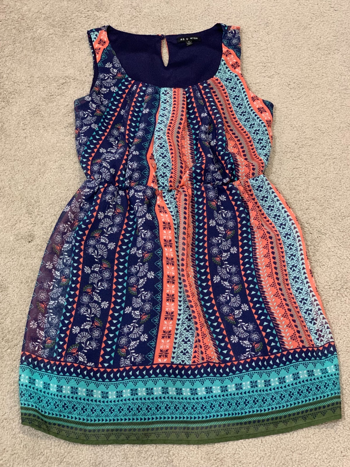 As U Wish Dress Womens Size Small Boho pattern Sleeveless Fit Flare Keyhole back