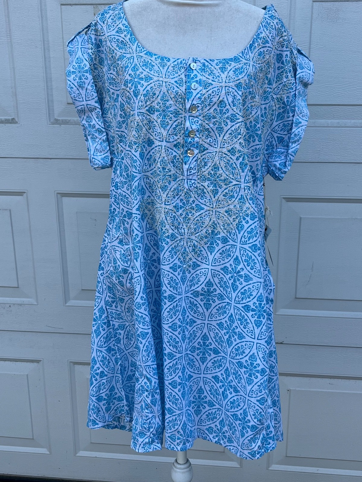 Subtle Luxury Womens Kaftan Shirt Dress Blue Cotton embroidered L/XL