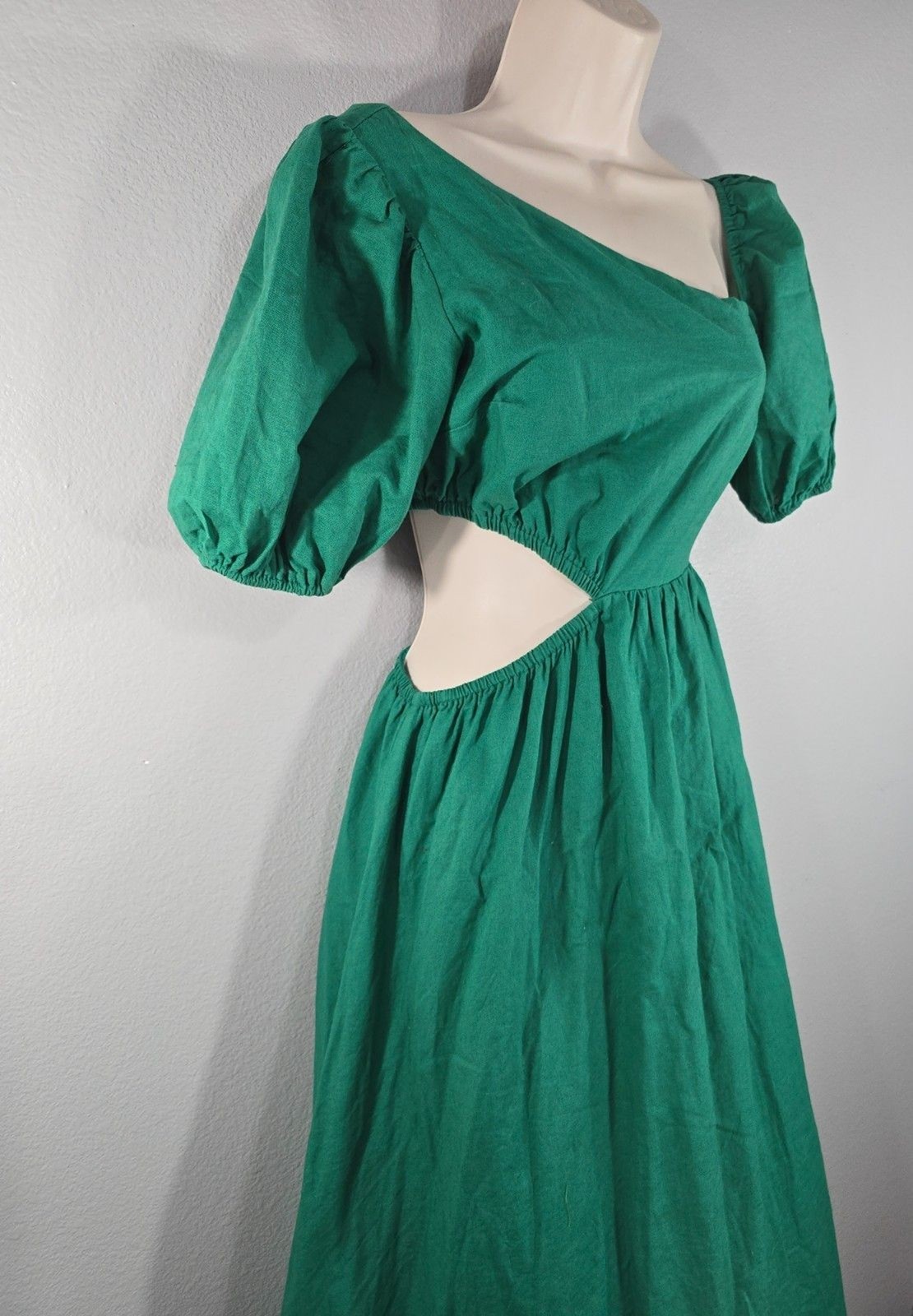 All About May Maxi Dress Size 4 Green Linen Blend Side cut out Milkmaid boho BZ