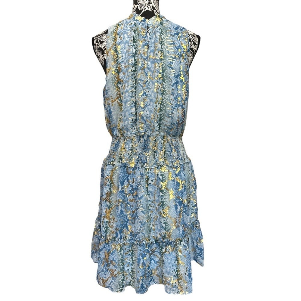 Blue Gold Snakeskin Smocked Tiered Sleeveless Dress M