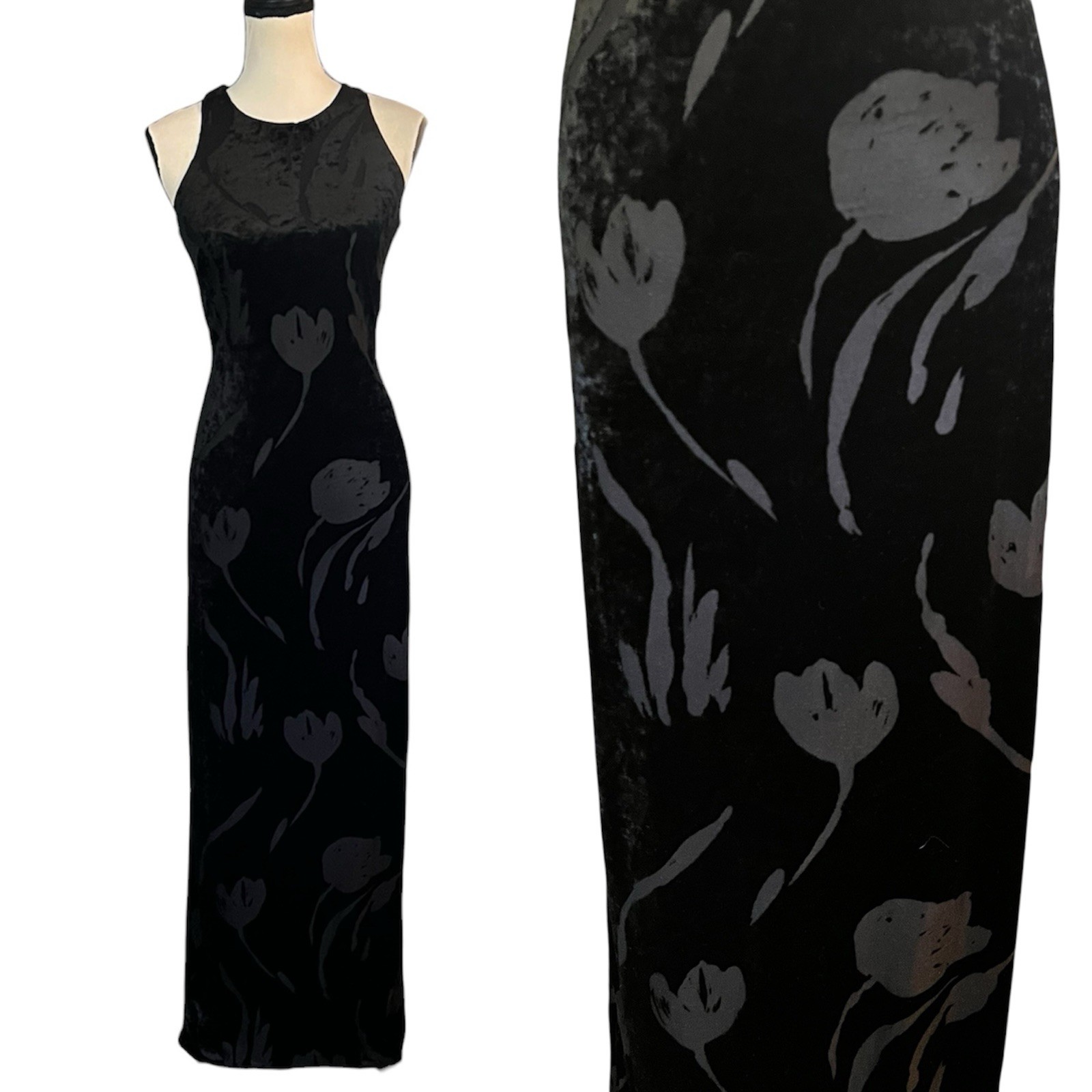 Vintage 90s Laundry Shelli Segal Velvet Sheer Mesh Tulip Floral Maxi Slip Dress
