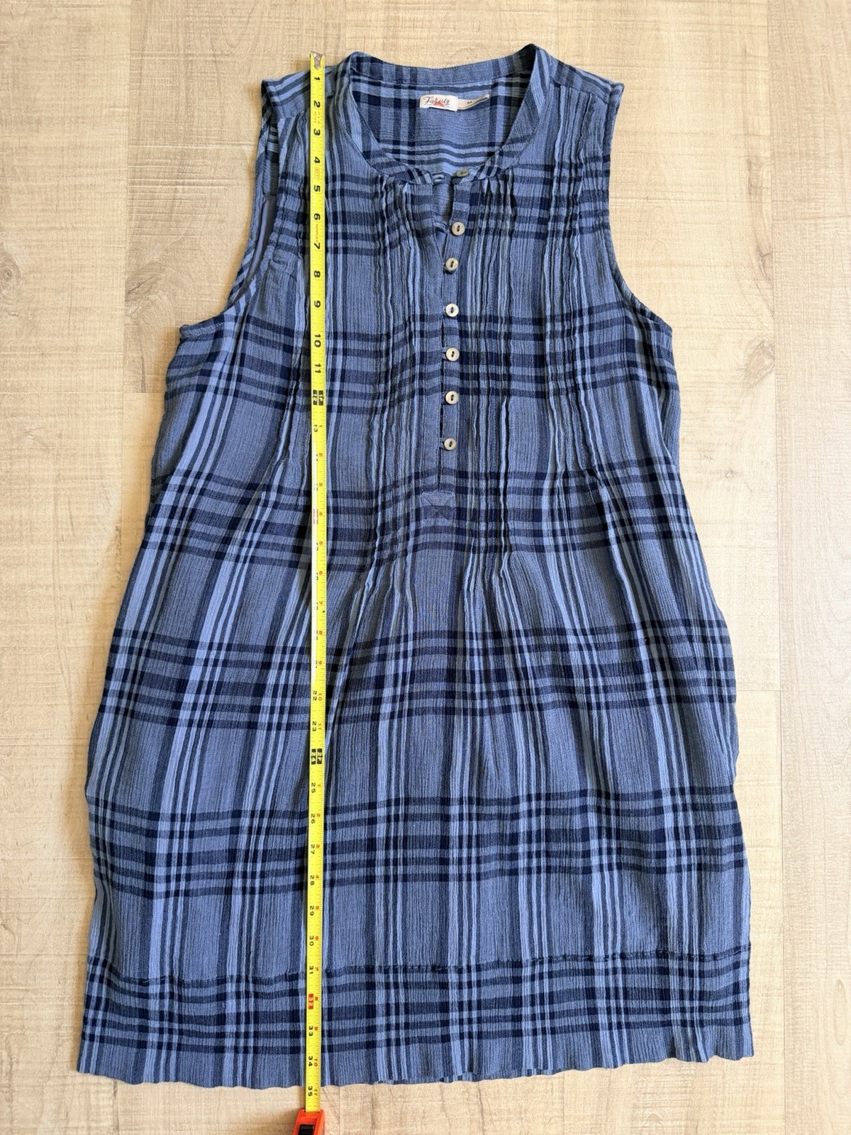 Faherty Blue Plaid Shift Dress Round Neck Button Front Organic Cotton Modal M