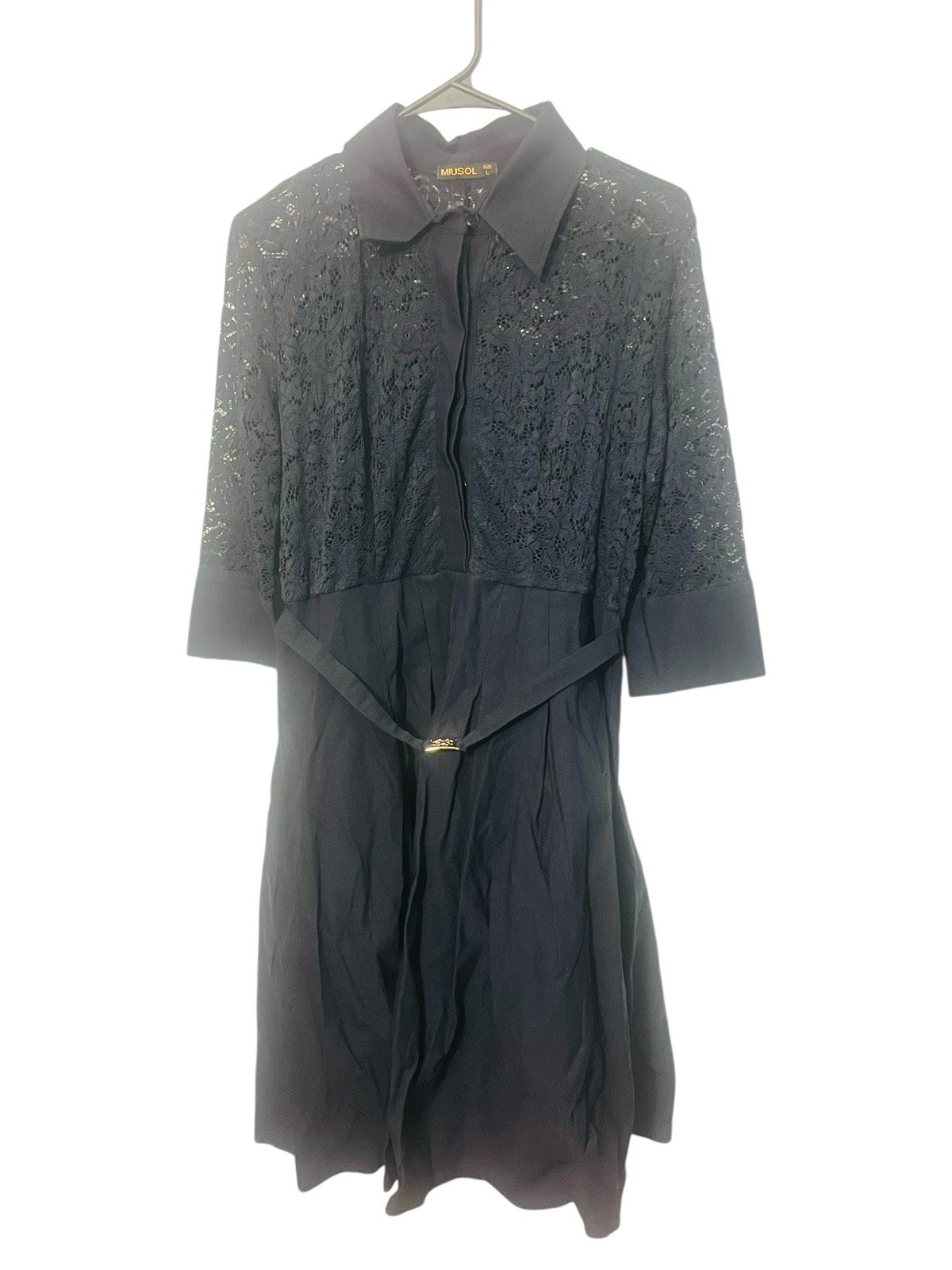 Miusol Blue Lace A Line Button Front Belted Collar Dress Size Large