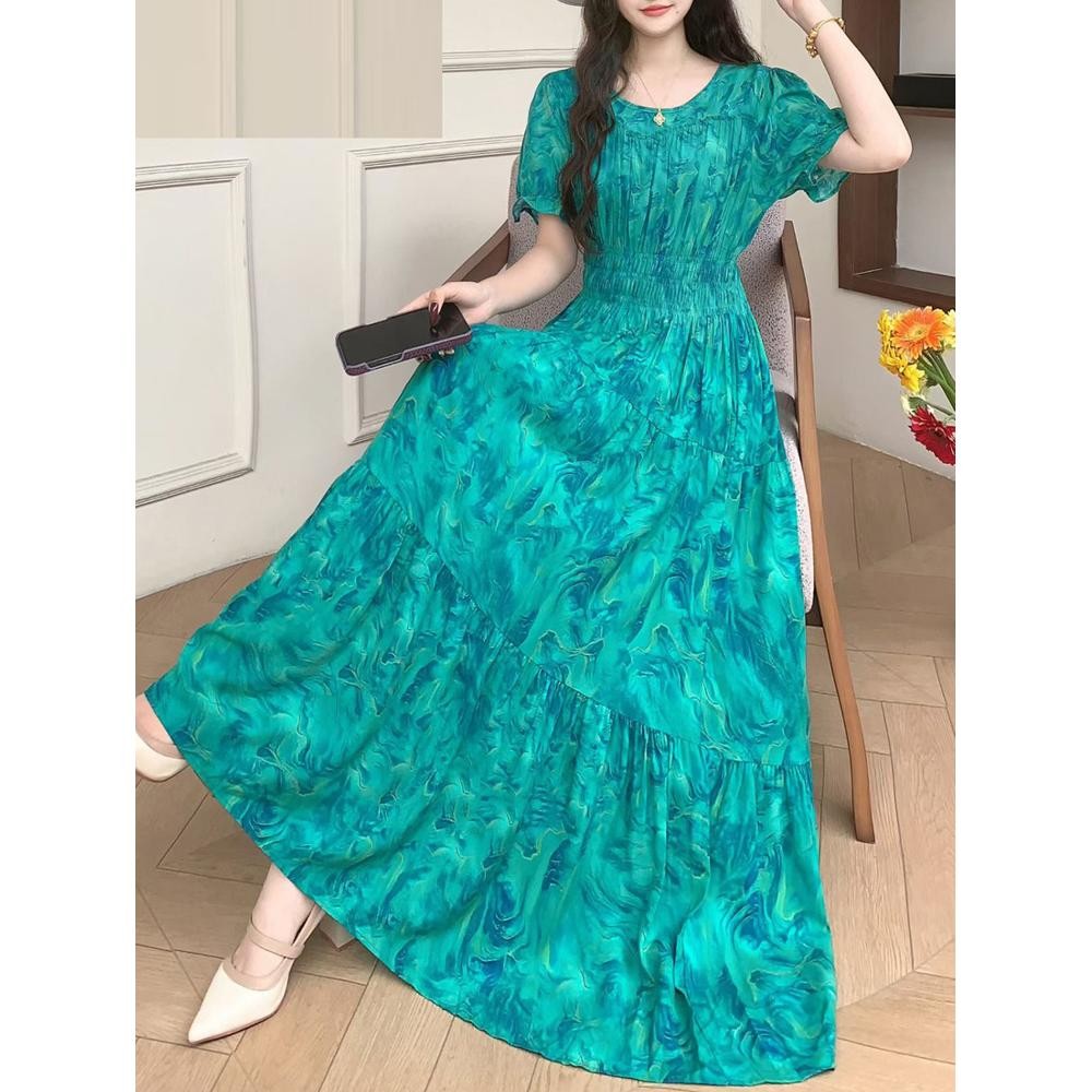 Women Bohemian Elegant Flowy Dress Elastic Waist Loose Silhouette All Fit