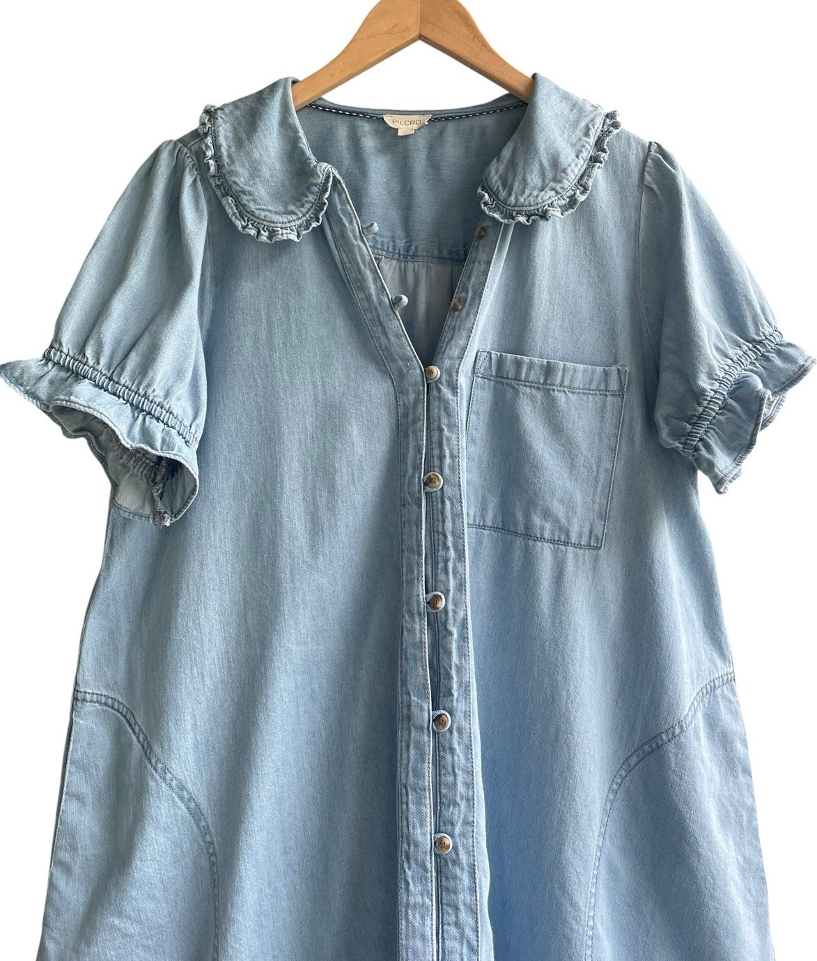 Anthropologie Pilcro Keira Denim Mini Dress Size L Babydoll Tiered ShirtDress