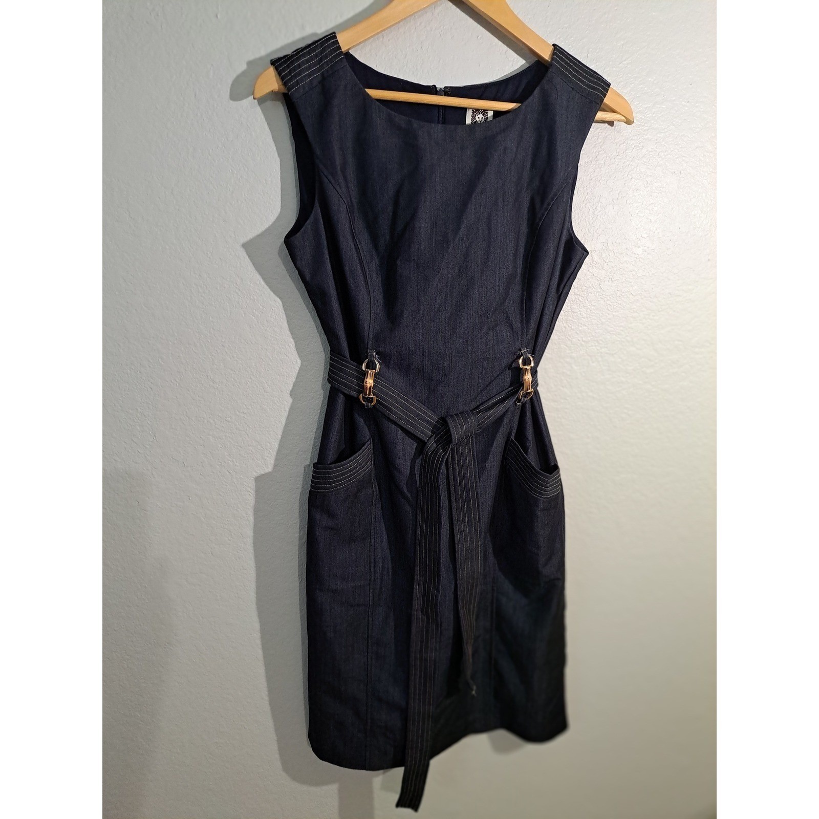 Anne Klein Indigo Denim Sheath Dress with Bamboo Belt Accents Size 6 Dark Wash